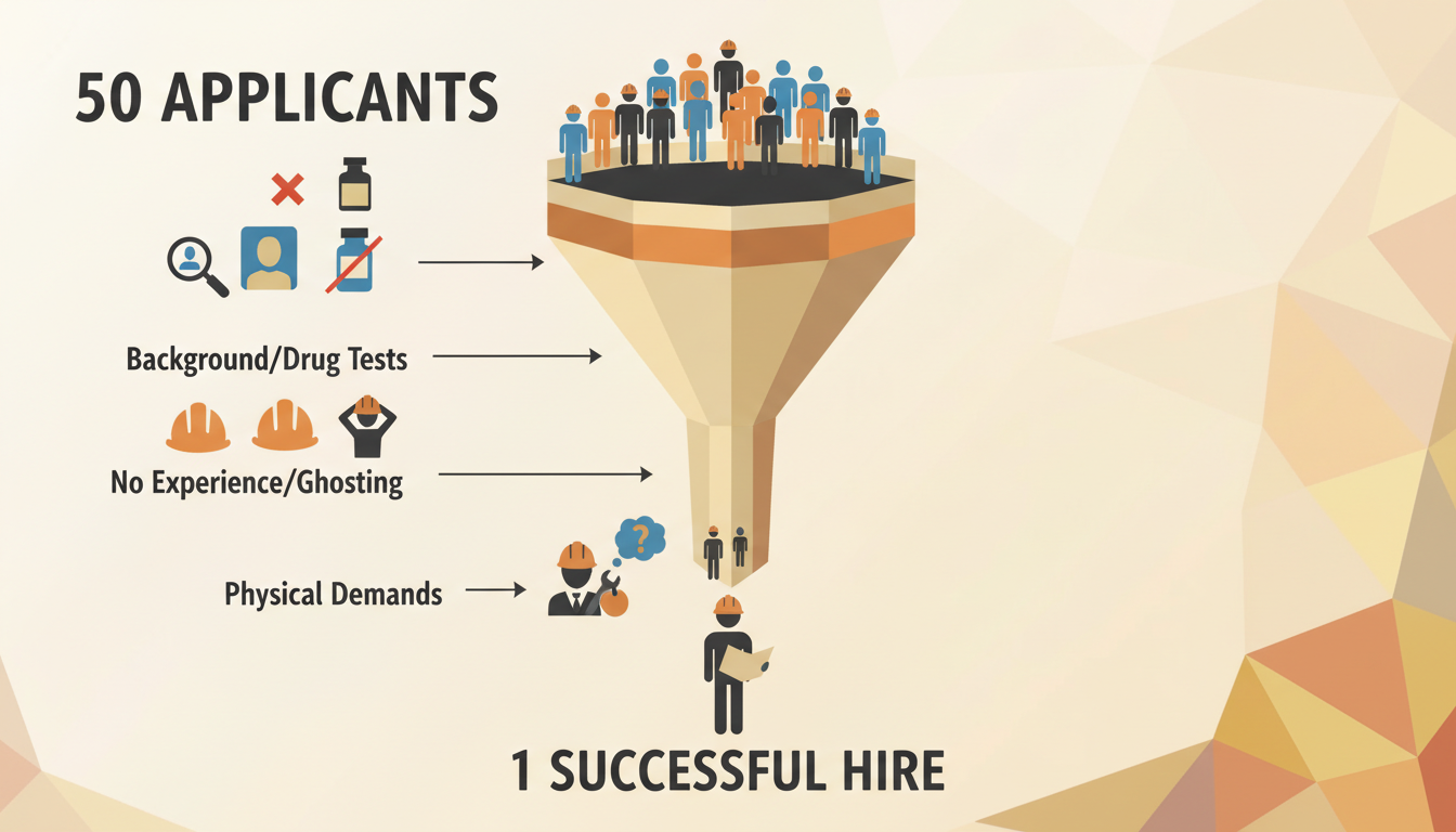 Recruitment funnel for roofing contractors showing the narrowing process from 50 applicants down to 1 successful hire