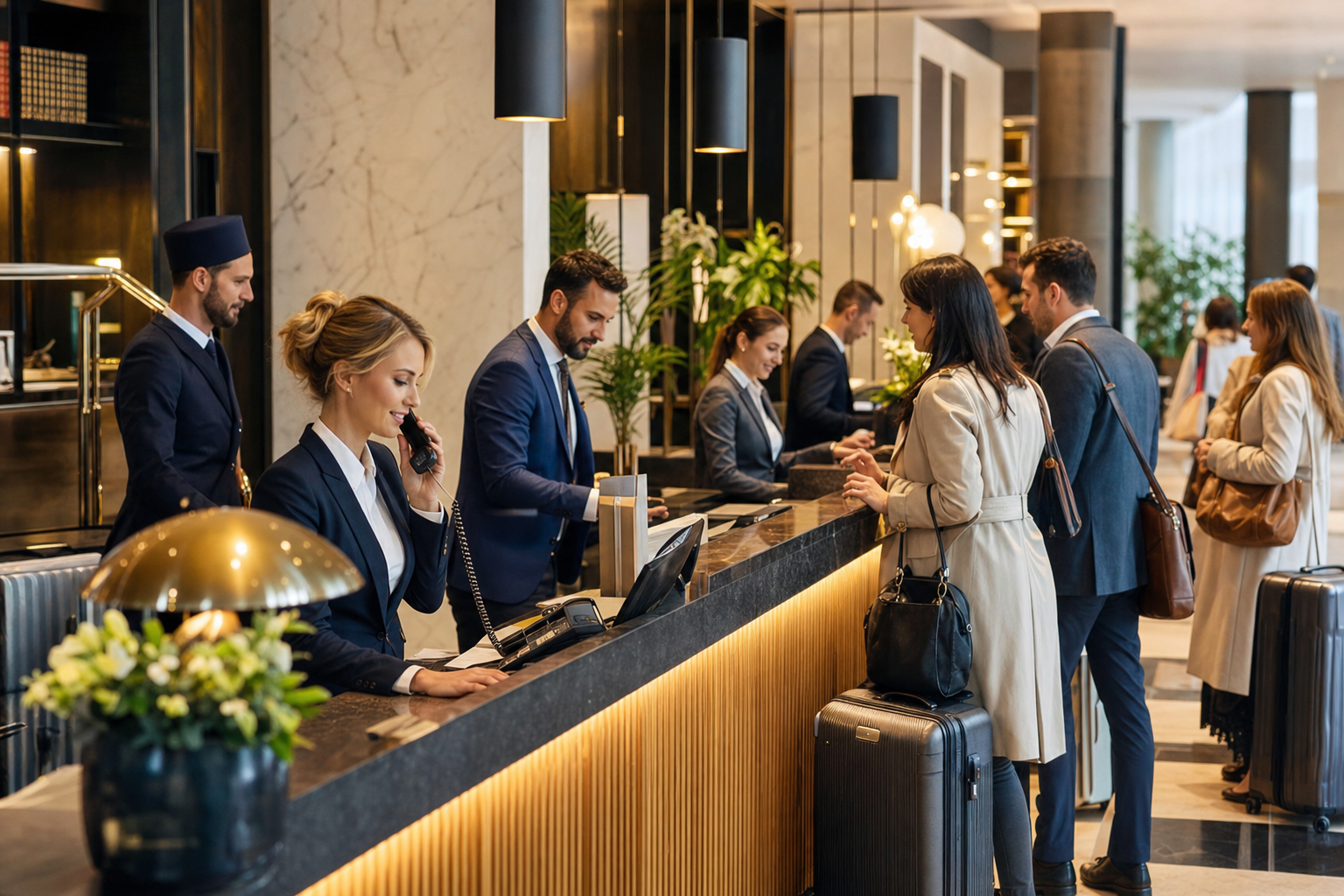 Busy hotel front desk lobby with staff in professional uniforms working during a shift change, guests checking in at the counter