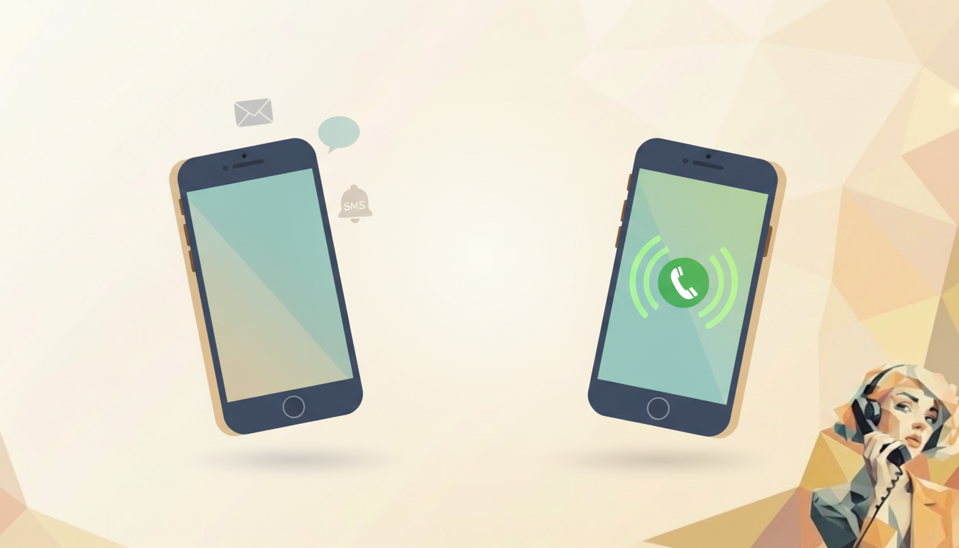 A split-screen illustration showing two contrasting candidate engagement scenarios. Left side: a smartphone with notification icons floating above it (email, SMS, message alerts) in muted colors suggesting waiting and delay. Right side: a smartphone with an active incoming call screen showing green answer button and sound wave rings emanating outward, suggesting immediate real-time connection.