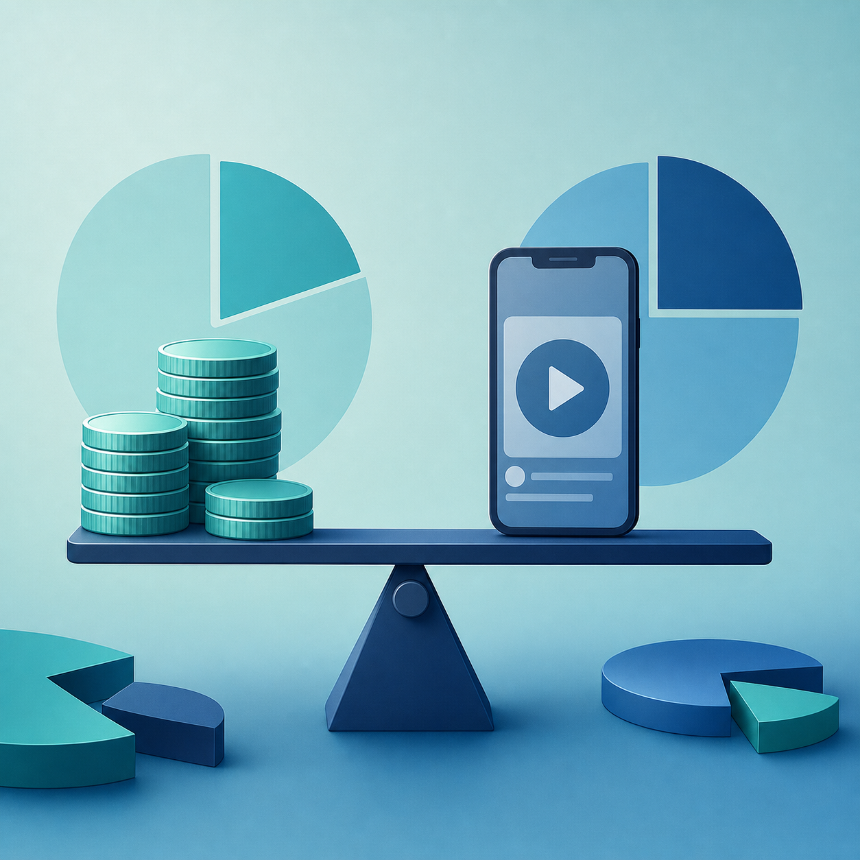 A clean, modern conceptual illustration showing the concept of splitting revenue between a brand and a creator. Depict an abstract balance scale or seesaw with stacks of coins on one side and a smartphone showing a video content symbol on the other, set against a soft gradient background in professional blue and teal tones. Include subtle pie-chart segments and margin-slice visuals to suggest percentage splits and profit margins. Minimal, flat vector style, no text, no words, no letters, no numbers.