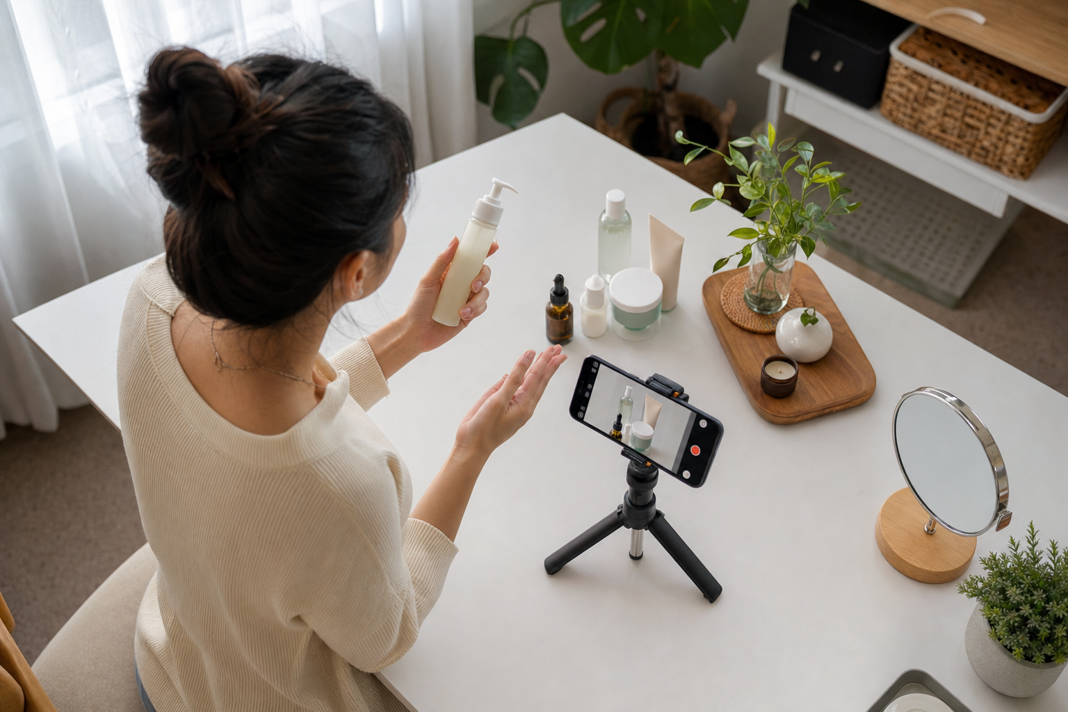 A content creator filming a product review video at home, holding a smartphone on a small tripod, with skincare or lifestyle products arranged on a clean desk setup with natural window lighting, overhead angle showing the filming setup