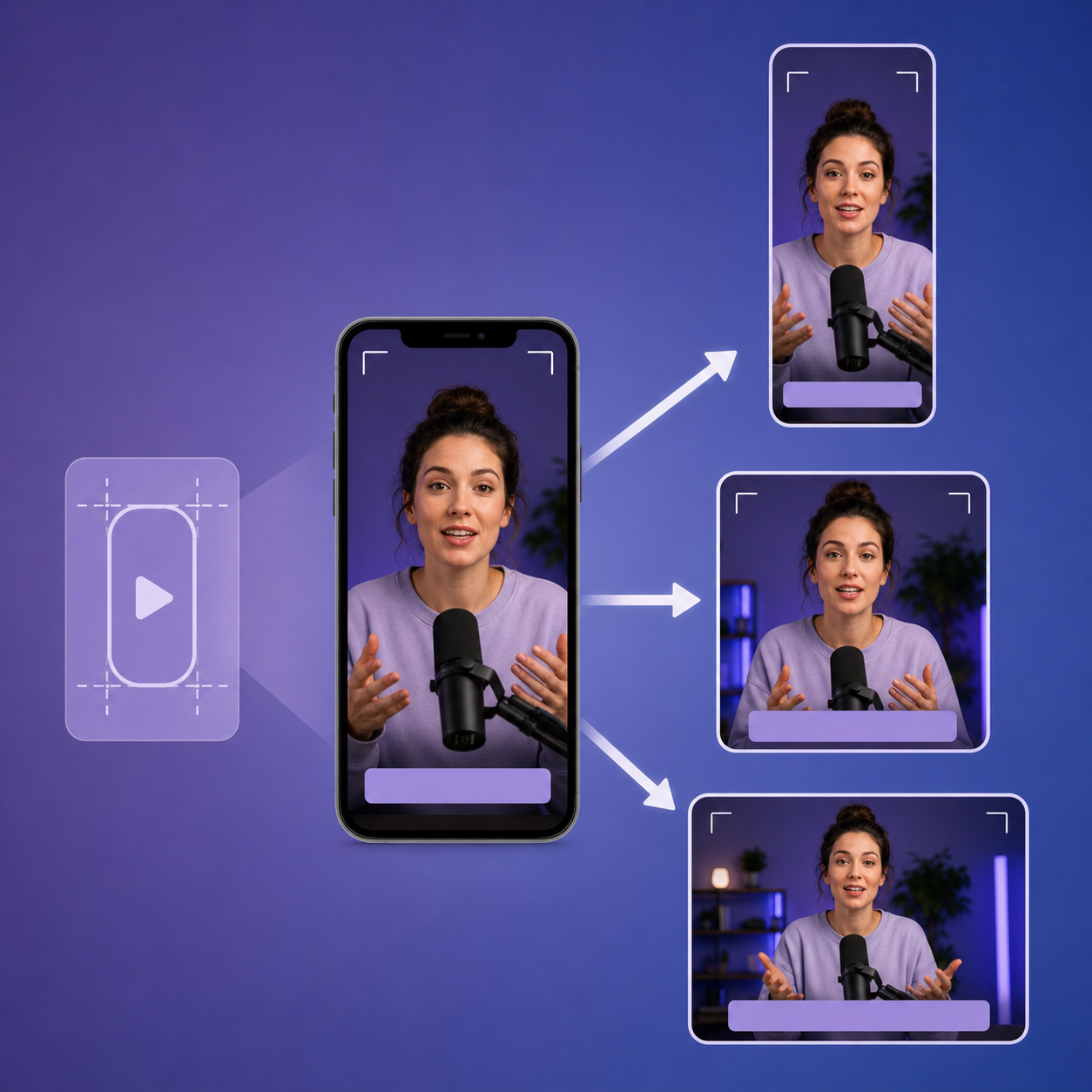 A clean, modern flat-illustration concept showing one vertical video clip being reformatted for multiple social media placements. A single source phone in the center displays a person speaking to camera, with arrows radiating out to three differently-shaped frames: a tall vertical 9:16 frame, a square 1:1 frame, and a portrait 4:5 frame. Each device silhouette (a tall phone for TikTok/Reels/Stories, a square feed post, a wider feed post) shows the same footage cropped differently, with subtle safe-zone corner guides and caption bars illustrated as plain colored rectangles. Soft gradient background in modern purple and blue brand tones, minimalist vector style, aspect-ratio and crop motifs, no text, no words, no letters, no numbers.