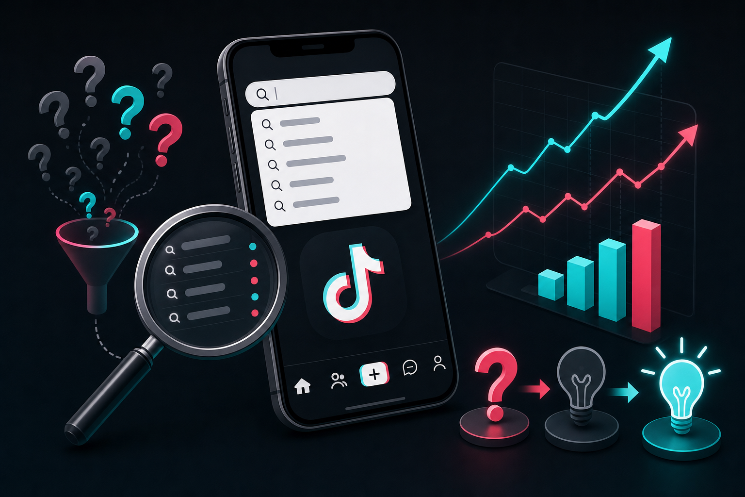 A modern, clean illustration showing TikTok keyword research process. Show a smartphone screen with a search bar and autocomplete suggestions dropdown, magnifying glass examining search queries, rising trend graph lines in the background, and abstract representations of question marks transforming into lightbulbs. Use TikTok's signature color palette with cyan, pink, and dark backgrounds. Isometric or flat design style, professional and tech-forward aesthetic. No text, words, or letters.