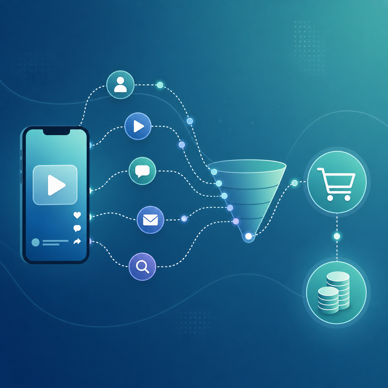 A clean, modern conceptual illustration of marketing attribution and sales tracking. Show abstract flow lines connecting a smartphone displaying a short-form video icon to a shopping cart and a stack of coins, with branching dotted paths representing multiple touchpoints and click journeys. Include subtle funnel shapes and node connection points to suggest tracking a purchase back to its source. Professional flat vector style, soft gradient background in blue and teal tones, minimal, no text, no words, no letters, no numbers.