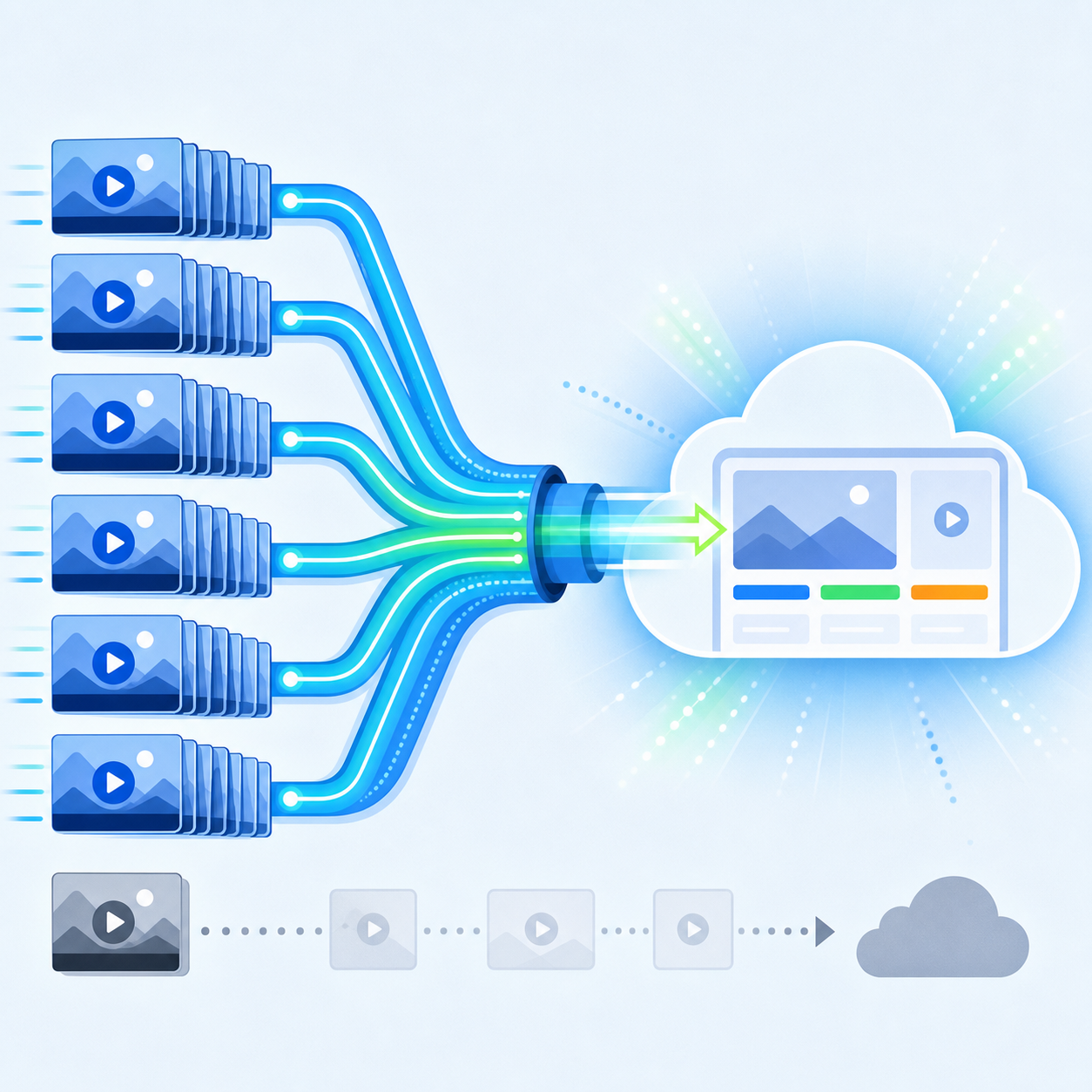 A clean, modern flat vector illustration showing the concept of bulk batch uploading of videos to an advertising platform. Depict multiple identical video file cards or thumbnail tiles flowing in parallel through a single streamlined pipeline into a central cloud or ad-manager panel, contrasted with a slow single-file queue. Use directional arrows and connector lines to convey speed and parallel processing. Bright professional palette of blues, greens, and an accent orange. No text, no words, no letters, no numbers.