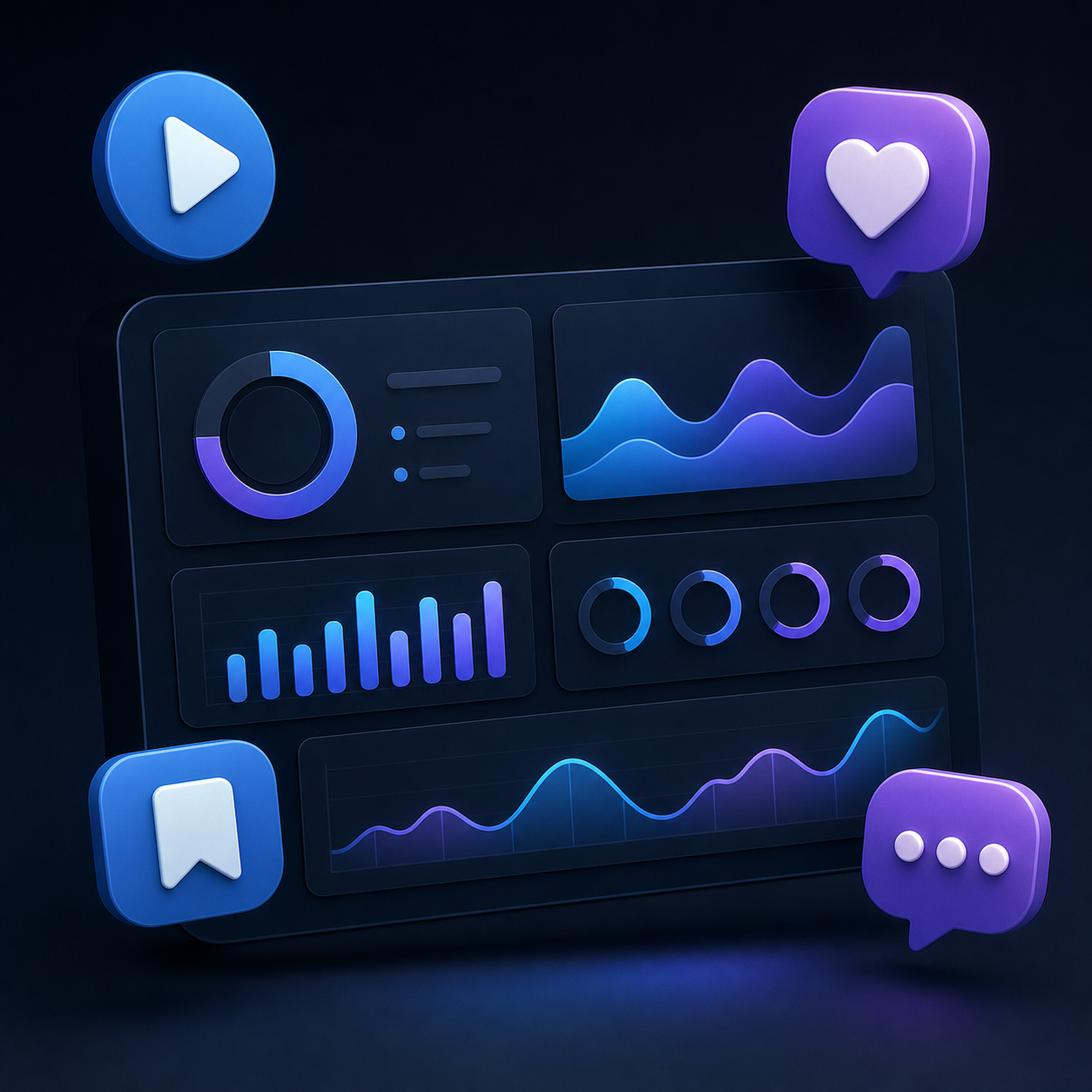 A sleek digital analytics dashboard displayed on a dark background, showing multiple social media performance metric cards with glowing bar charts, wave graphs, and circular progress indicators. Abstract icons representing a play button, a heart, a bookmark, and a speech bubble float around the interface. Soft blue and purple gradient lighting illuminates the scene. No text, no numbers, no labels anywhere in the image.