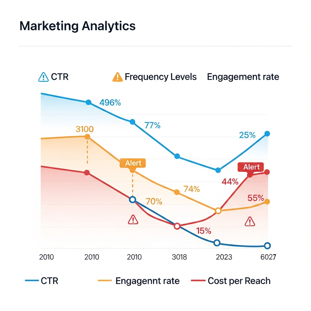 A modern marketing analytics dashboard showing multiple performance metrics declining over time, with four distinct graph lines representing CTR degradation, frequency levels, engagement rates, and cost per reach. Clean data visualization style with warning indicators, trend lines moving downward, and alert zones highlighted in amber and red. Professional business intelligence aesthetic with gradients in blue, orange, and red tones. No text or labels.