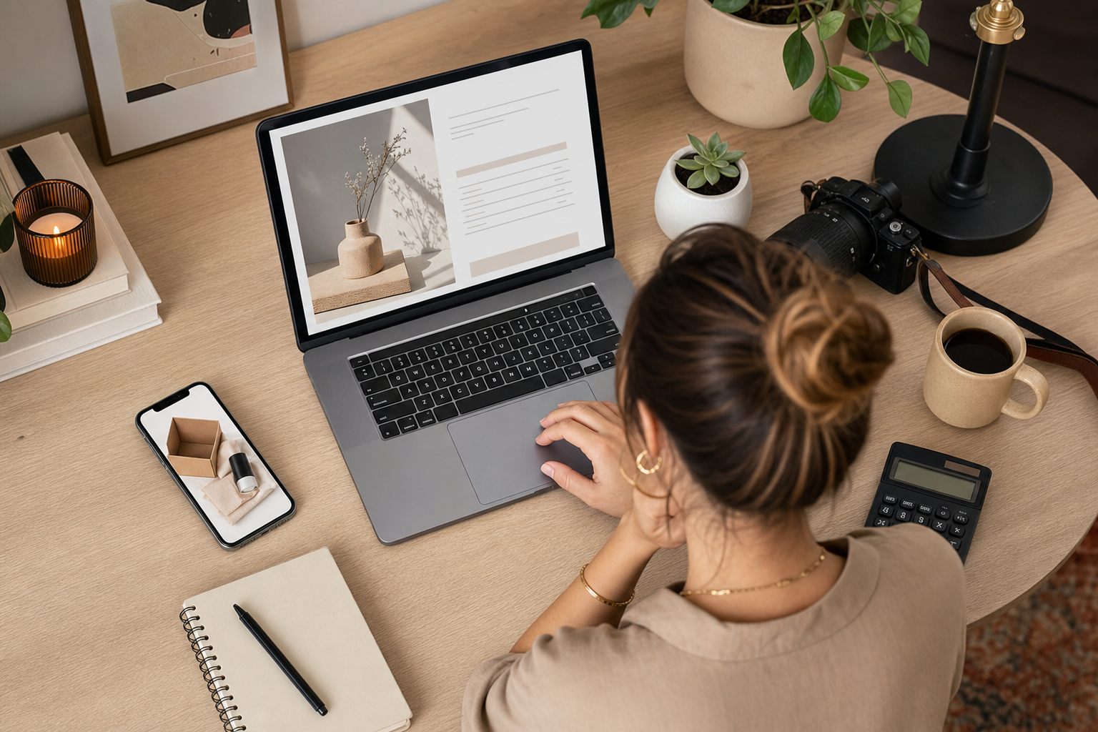 A professional content creator reviewing a contract or pricing document on a laptop at a modern desk, with a smartphone showing a brand collaboration message, calculator and notebook nearby, warm home office lighting, overhead angle showing organized workspace setup for freelance business management