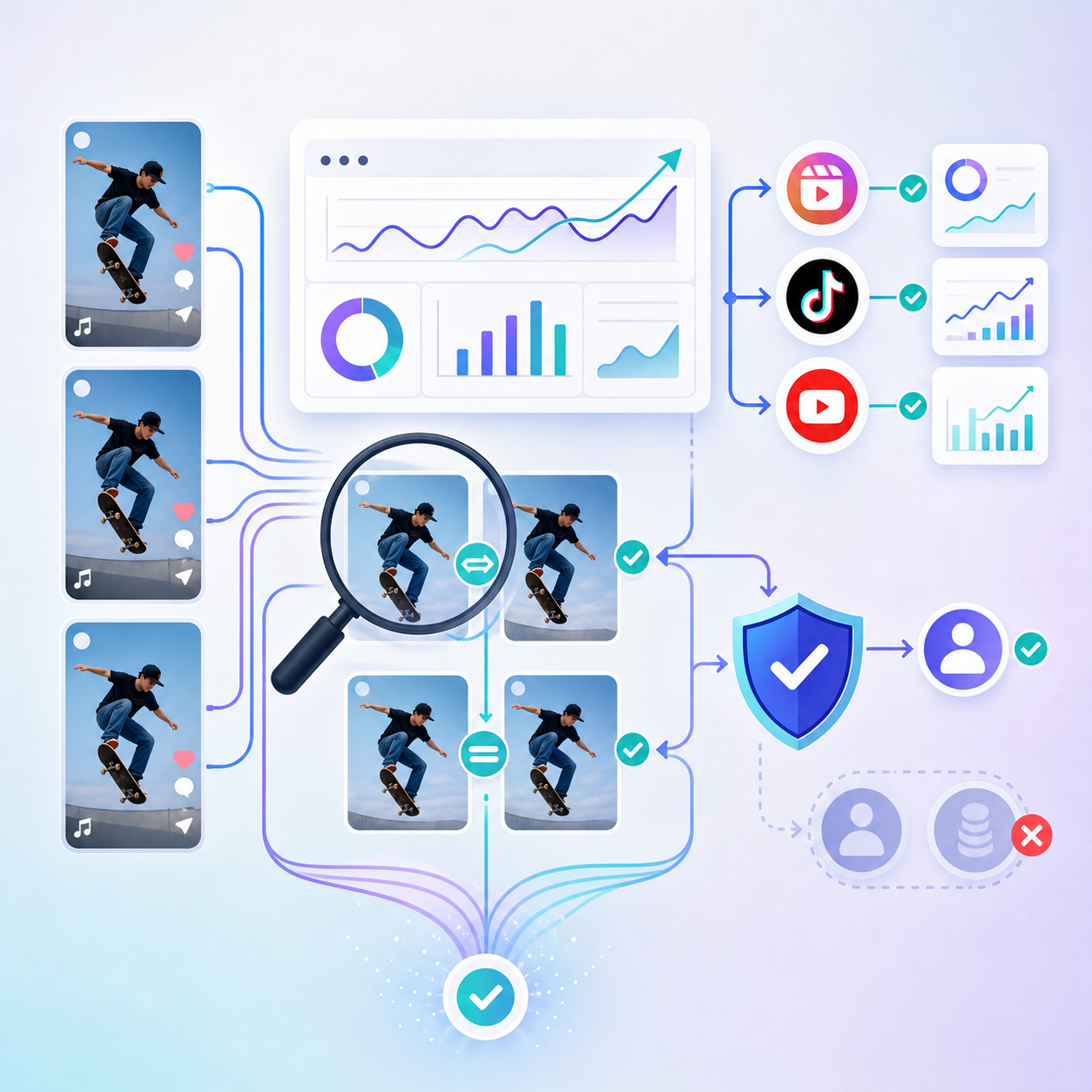 A clean, modern flat-style illustration representing tracking, attribution, and fraud prevention in creator marketing. Show a central dashboard-like panel with abstract data flows connecting short-form vertical video content on the left to paid-media performance indicators on the right. Include visual metaphors for fraud detection: a magnifying glass inspecting duplicate video thumbnails, a shield icon guarding against duplicate payouts, and matching/comparison symbols linking identical clips across multiple platform bubbles. Add subtle upward-trending analytics lines, spend and click flow arrows, and verification checkmarks. Use a bright, professional color palette of blues, purples, and teal on a light background. No text, no words, no letters, no numbers anywhere in the image.