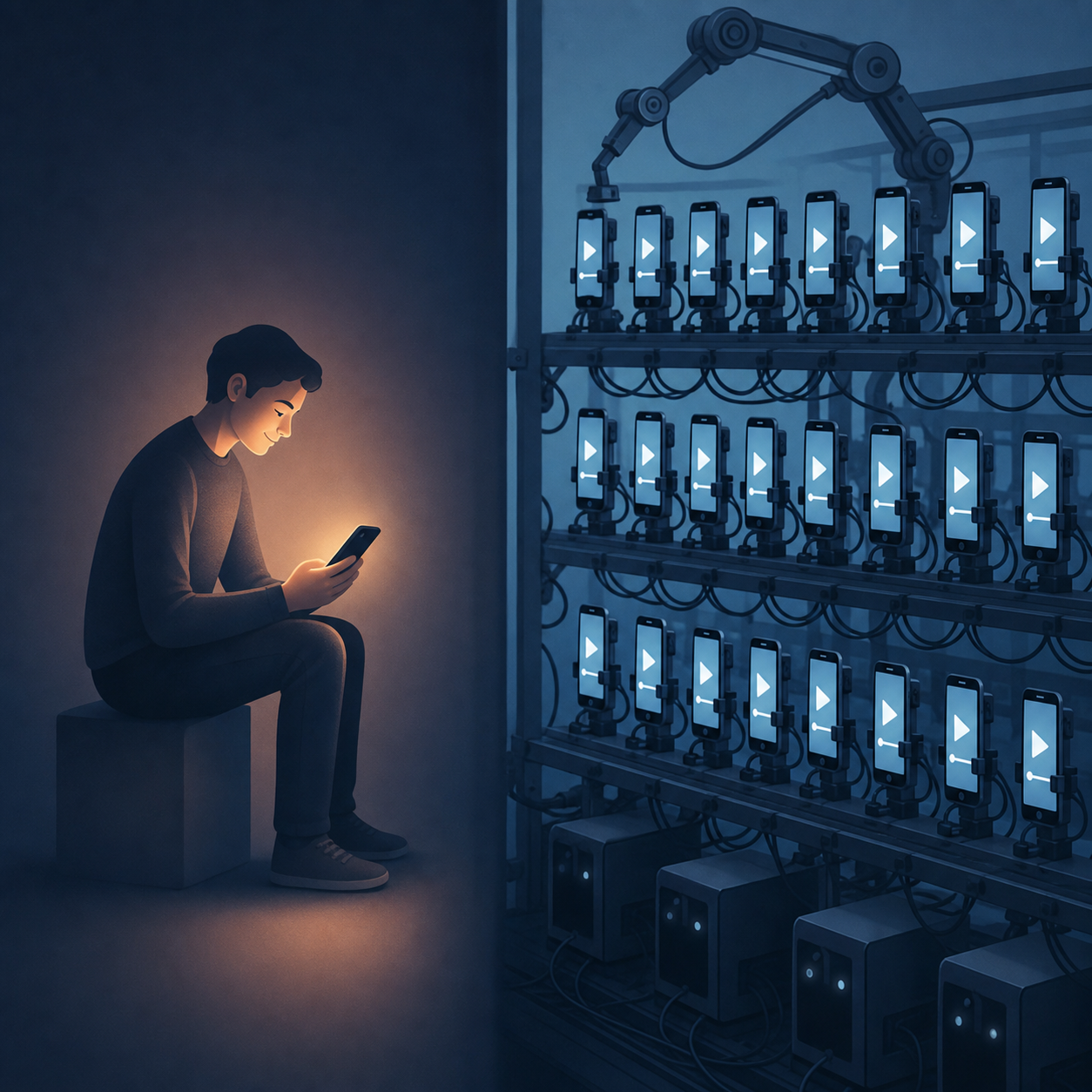 A conceptual illustration contrasting authentic human video viewership with artificial inflated engagement. On one side, a single glowing genuine human silhouette watching a smartphone with a warm, attentive expression. On the other side, rows of identical faceless robotic devices and phone racks mechanically playing looping videos, cold blue tones, repetitive automated machinery. Clean modern flat-design aesthetic, muted brand palette of blues and soft accents, no text or words, abstract representation of bot traffic versus real attention in digital advertising.