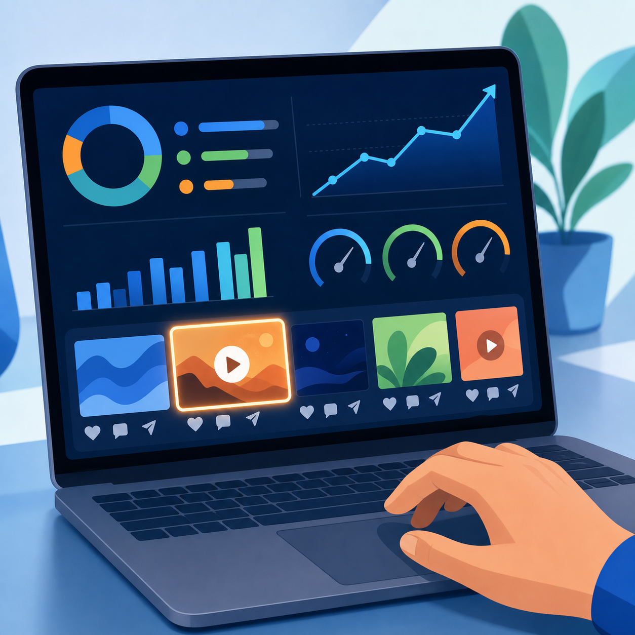 A clean, modern illustration of a marketing analytics dashboard displayed on a laptop screen, showing social media performance metrics as abstract charts and graphs — bar charts, upward-trending line graphs, engagement rate gauges, and save/share icons rendered as simple geometric shapes. A hand hovers over a touchpad selecting a top-performing video thumbnail highlighted with a subtle glow. Bright, professional color palette with blues, greens, and accent orange. Flat vector style, no text, no words, no letters, no numbers.