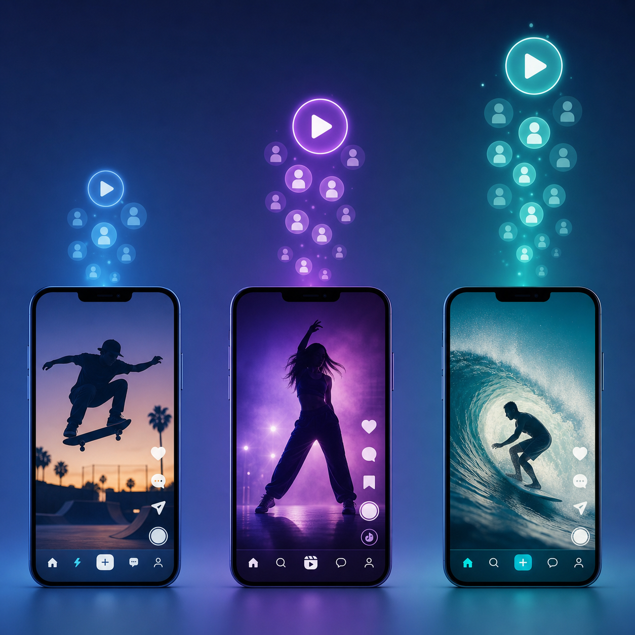 A clean, modern conceptual illustration showing three smartphones side by side, each displaying a short-form video playing on a different social media style app interface, with abstract glowing counter graphics and play icons floating above each phone at different heights to suggest different view-count tallies. Flat vector style, soft gradients in blue, purple, and teal, minimal background, no text or letters or numbers, professional marketing aesthetic.