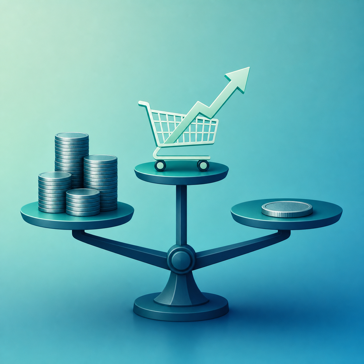 A clean, modern conceptual illustration comparing three creator payment models as three distinct paths or scales. Show a central balance/scale motif with three branches: one branch weighted by stacks of coins representing a media budget, one branch tied to a rising shopping-cart sales arrow, and one branch showing a single flat coin. Use a professional, minimal flat-design style with a soft gradient background in blues and teals, subtle shadows, no text or letters anywhere. Business marketing aesthetic, balanced composition, high clarity.