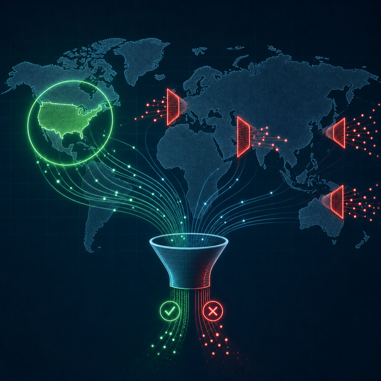 A clean, modern flat-design conceptual illustration representing geographic filtering in digital campaigns. Show a stylized world map with two visual filtering approaches side by side: one region highlighted and enclosed by a glowing green ring (an allow-list, letting activity through), and other regions marked with red filter gates or funnel shapes blocking flowing data particles (a block-list). Thin network lines carry small glowing dots toward a central funnel that separates approved flows from rejected ones. Cool blue and teal palette with green and red accent highlights, subtle grid background, abstract iconography only, no text, no words, no letters, no numbers.