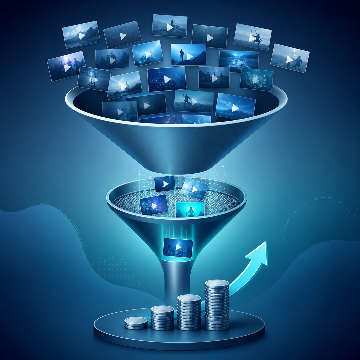 A clean, modern conceptual illustration of a two-stage funnel filtering creator content before paid media budget is committed. Show many small video/content tiles entering a wide top funnel, passing through a filter stage, and only a few glowing high-performing tiles emerging into a narrow bottom stage where stacks of coins and a rising performance arrow await. Use a professional, minimal flat-design style with a soft gradient background in blues and teals, subtle shadows, no text or letters anywhere. Business marketing aesthetic, balanced composition, high clarity.