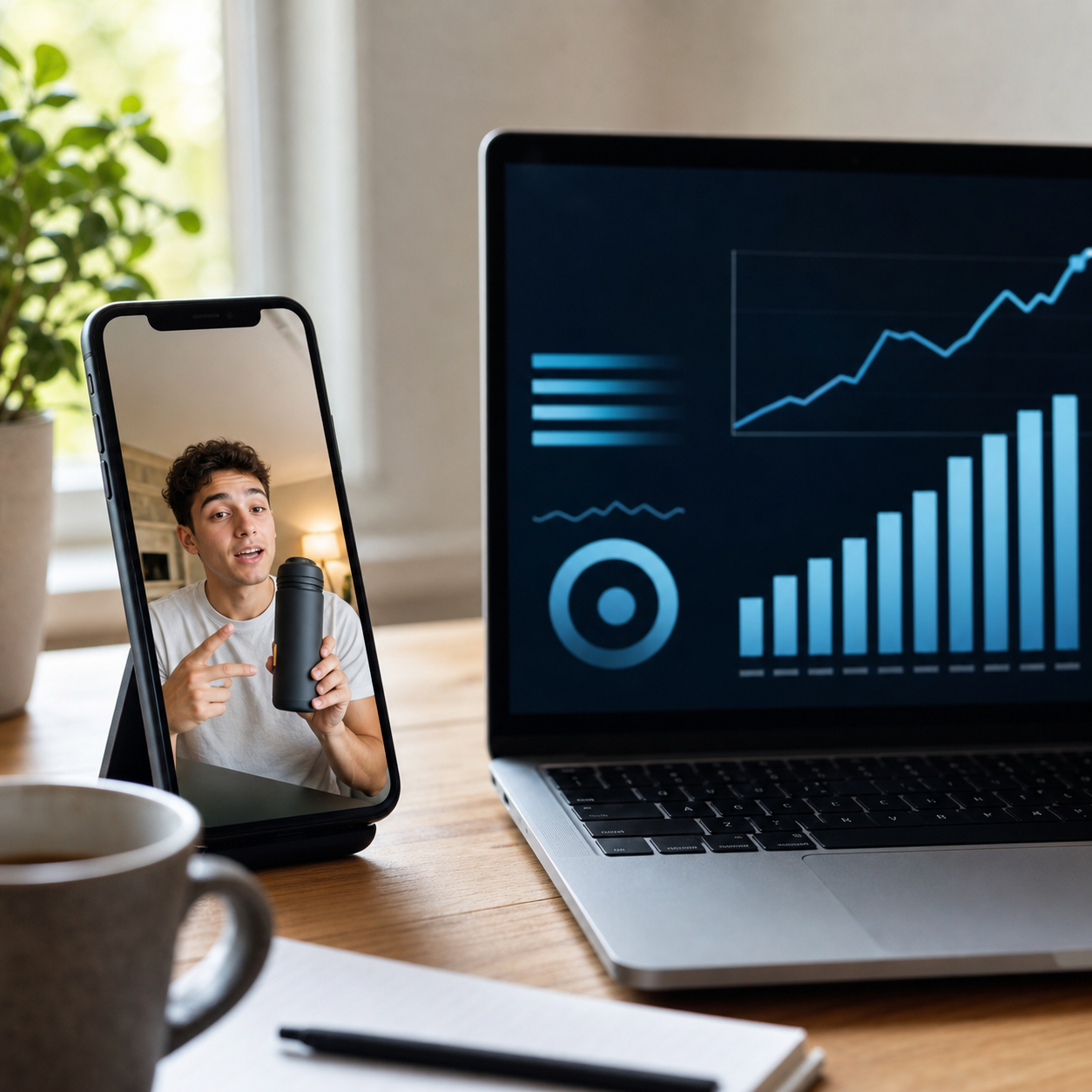 A clean, modern editorial photograph illustrating digital advertising performance analytics. A smartphone propped on a desk showing a short-form vertical video of a casual person holding a consumer product, next to a laptop displaying an abstract dashboard with rising bar charts and upward-trending line graphs. Soft natural window light, bright and realistic, shallow depth of field, marketing workspace aesthetic. Emphasis on the contrast between authentic handheld creator content and measurable growth metrics. No text, no words, no letters, no numbers, no logos.