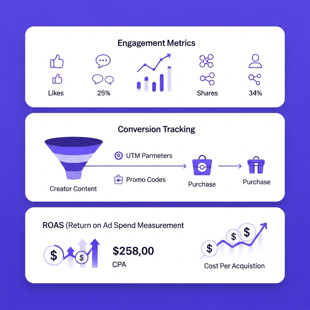 A clean, modern dashboard infographic showing content creator advertising performance metrics. Display three main metric categories: 1) Engagement metrics (likes, comments, shares icons with percentage indicators), 2) Conversion tracking (funnel diagram with UTM parameters, promo codes, and purchase icons), 3) ROAS measurement (dollar signs with upward trending arrows and cost per acquisition). Use a professional purple/blue color scheme, modern flat design style with clean lines, icons and data visualization elements. Include visual representation of tracking flow from creator content to customer conversion. Suitable for a marketing analytics blog post.
