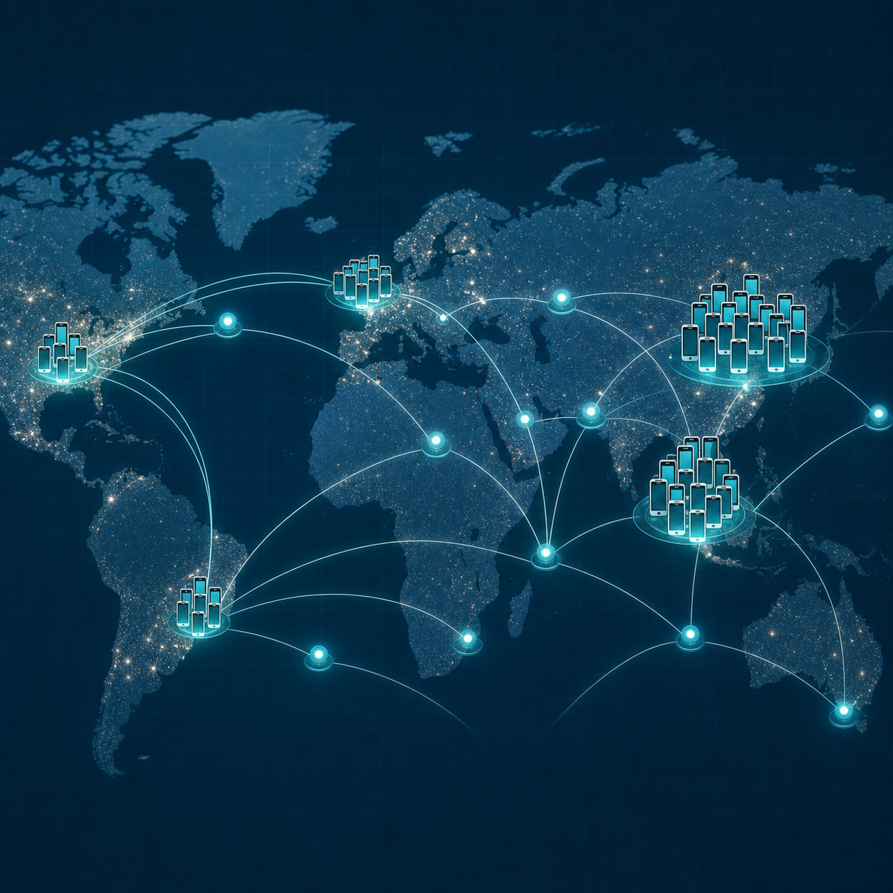 A conceptual illustration of a stylized world map with glowing clusters of activity dots concentrated in a few specific regions, connected by thin network lines. Some clusters represent dense rooms of smartphones symbolizing click farms, rendered as small abstract phone icons grouped tightly together. Data-flow lines route through proxy nodes across continents. Clean, modern flat-design style with a cool blue and teal color palette, subtle grid background, no text or letters.