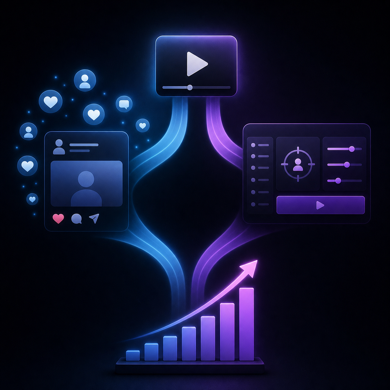 A sleek flat-design illustration showing two parallel pathways diverging from a single glowing video thumbnail. The left path leads to a social media profile card with engagement icons like hearts, comments, and view counts glowing around it, representing a native creator post being boosted. The right path leads to a clean advertising dashboard with targeting sliders and campaign controls. Both paths converge at a rising bar chart showing ad performance. Dark background with soft blue and purple gradient lighting. No text, no words, no letters, no numbers, no labels anywhere.
