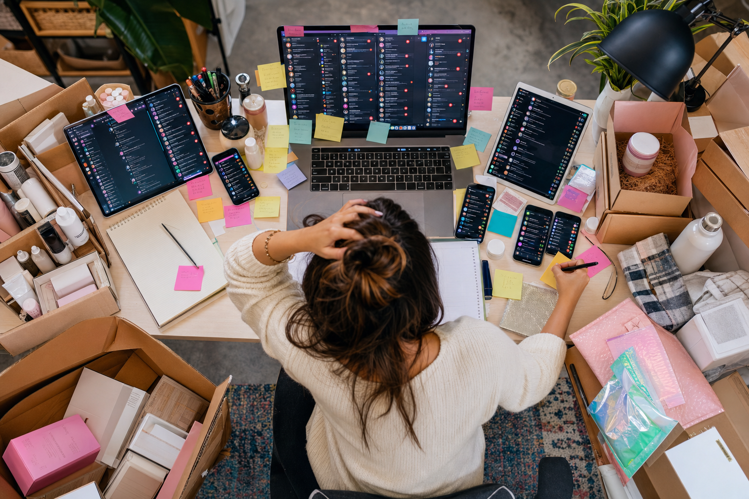 Chaotic workspace scene showing overwhelmed marketing coordinator managing multiple UGC creators. Laptop screen with dozens of open Discord and Slack windows, scattered sticky notes, multiple phones with notifications, messy desk covered with product samples and shipping boxes, person with stressed expression juggling multiple tasks. Birds-eye view perspective, modern office setting, vibrant but slightly chaotic color palette emphasizing the overwhelming nature of manual creator management