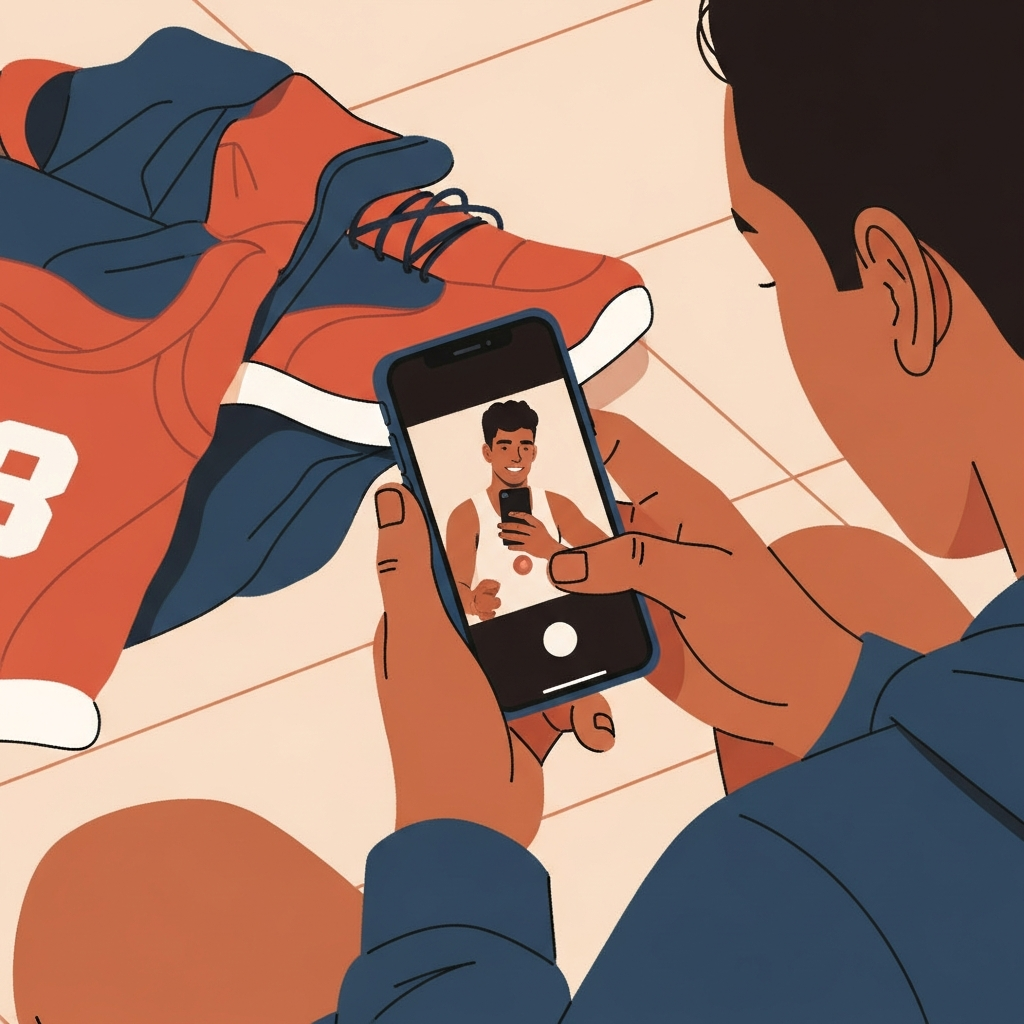 A college athlete creating content on their smartphone, sitting in a casual setting with athletic gear nearby. The scene shows them filming a training video or taking a photo for social media. The atmosphere is authentic and lo-fi, emphasizing personal branding and content creation. Modern, clean illustration style with warm, approachable colors. The athlete looks focused and engaged with their phone screen.