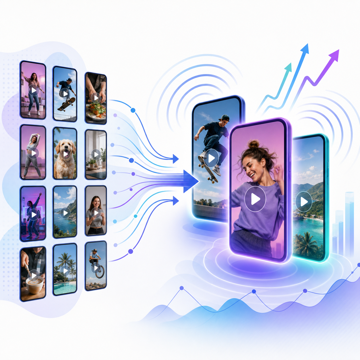 A clean, modern flat-style illustration showing the concept of organic social content being tested and then scaled into paid advertising. On the left, a cluster of small smartphone screens showing short-form vertical video clips arranged in a grid, representing many organic content variants. Arrows flow toward the right, converging into a few larger, glowing standout phone screens representing winning content being amplified. Include subtle upward-trending graph lines and paid-media amplification symbols like radiating signal waves. Use a bright, professional color palette of blues, purples, and teal on a light background. No text, no words, no letters, no numbers anywhere in the image.