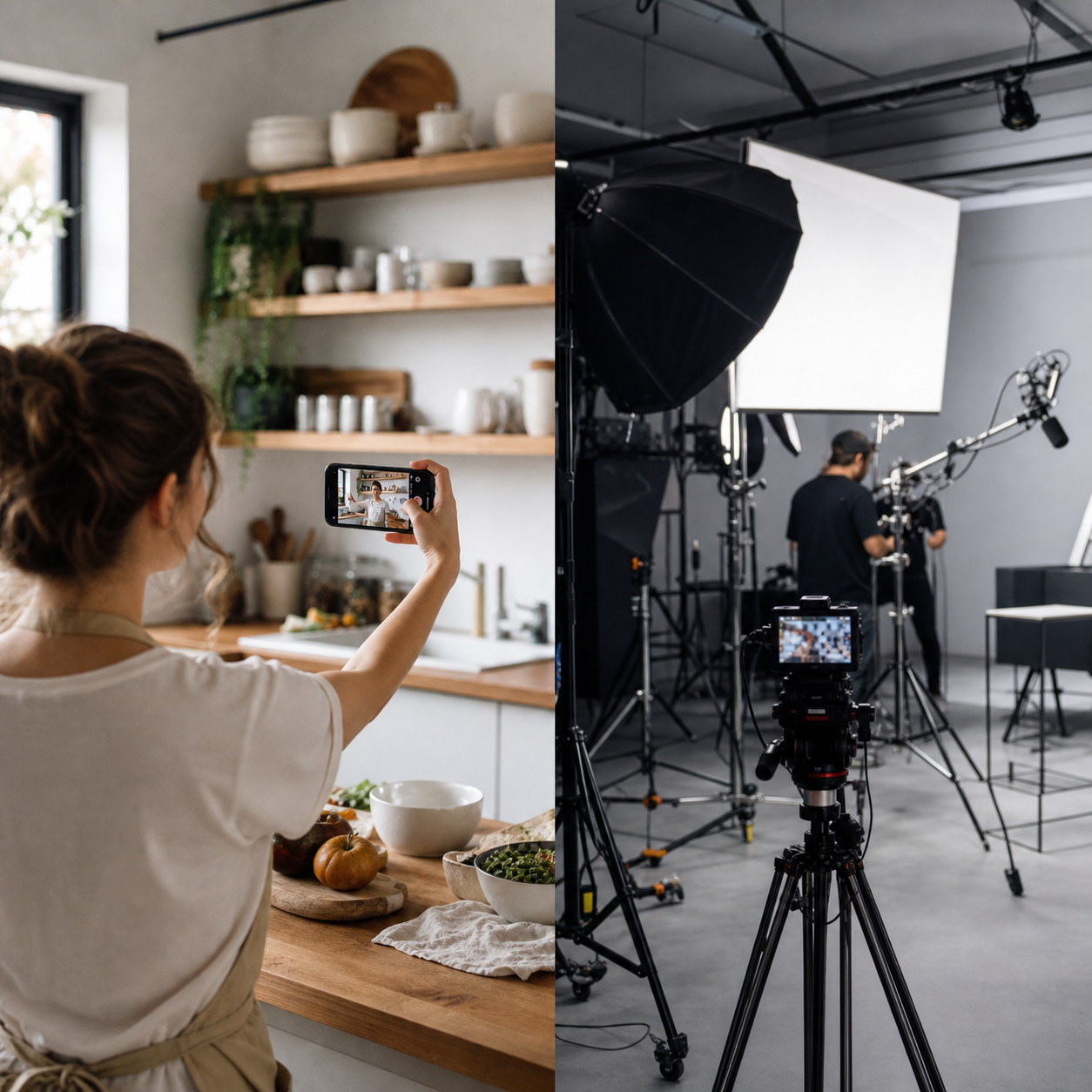 A split-scene photographic composition contrasting two video production setups side by side. On one side, a solo content creator holding a smartphone at arm's length, filming themselves in a cozy home kitchen with natural window light, casual and authentic. On the other side, an elaborate professional studio set with large softbox lighting rigs, a camera on a tripod, boom microphones, and crew equipment. Clean, modern, editorial photography style, bright and realistic, no people's faces in sharp focus, emphasis on the equipment and environment difference. No text, no words, no letters, no logos.