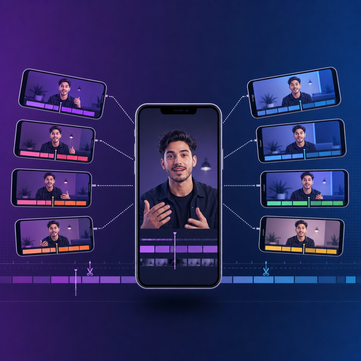 A clean, modern flat-illustration concept of one central video clip fanning out into many smaller video variants. A single large smartphone displaying a person speaking to camera sits in the center, with multiple duplicated smaller phone screens radiating outward in a fan or grid, each showing slightly different edited versions of the same footage with different colored highlight bars, timeline cuts, and framing crops. Soft gradient background in modern purple and blue brand tones, subtle editing timeline motifs and cut markers, minimalist vector style, no text, no words, no letters, no numbers.