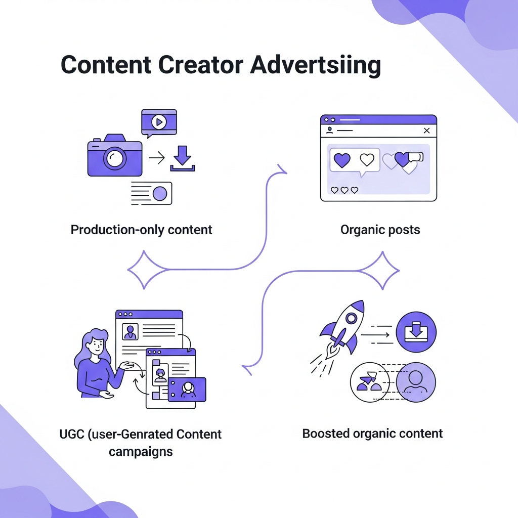 A clean, modern infographic showing four types of content creator advertising campaigns arranged in a 2x2 grid or flowing diagram. Each type should be visually distinct: 1) Production-only content (camera/video creation icon with download arrow), 2) Organic posts (social media feed with heart/like icons), 3) UGC campaigns (creator following brief/script with branded elements), 4) Boosted organic content (rocket or amplification symbol with ad placement icons). Use a professional color palette with purple/blue tones, icons and minimal text labels, clean lines, modern flat design style suitable for a marketing blog post.