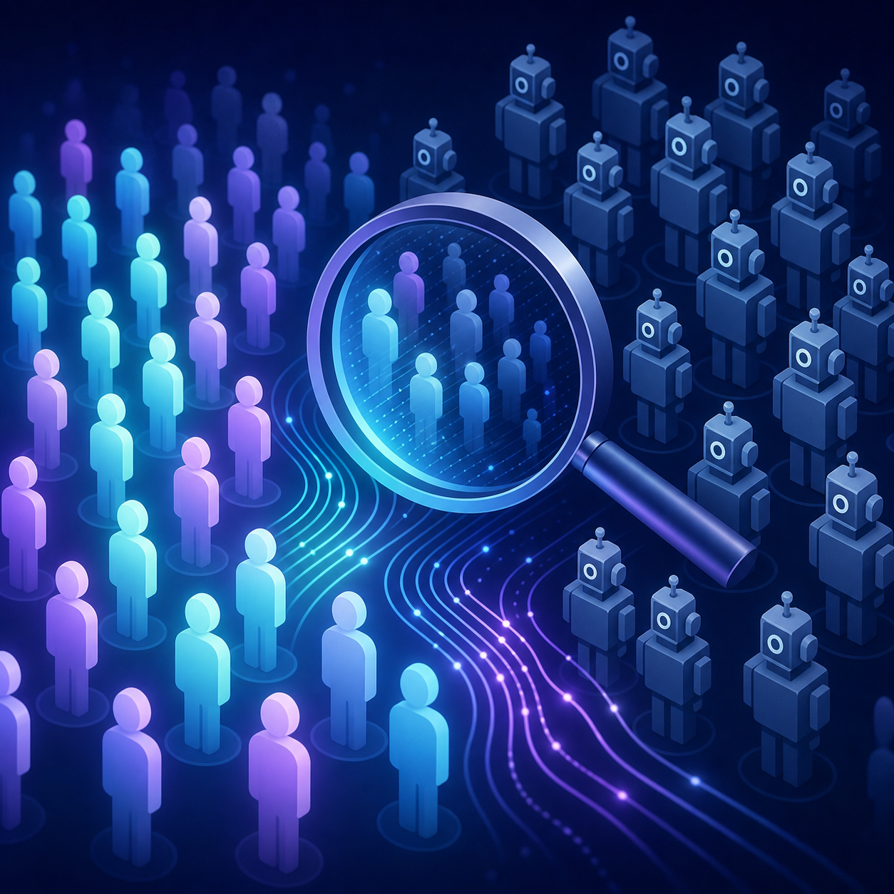A clean, modern conceptual illustration representing bot traffic versus real human viewers in digital advertising. Show a stylized crowd of glowing human silhouettes on one side and a cluster of identical robotic or mechanical figures blended among them on the other side, subtly distinguished by cooler tones and repetitive geometric shapes. Include abstract data-flow lines, a magnifying-glass or scanning motif hovering over the crowd to suggest fraud detection and filtering. Flat vector style, soft gradients in blue, purple, and teal, minimal background, professional marketing aesthetic. No text, no words, no letters, no numbers.