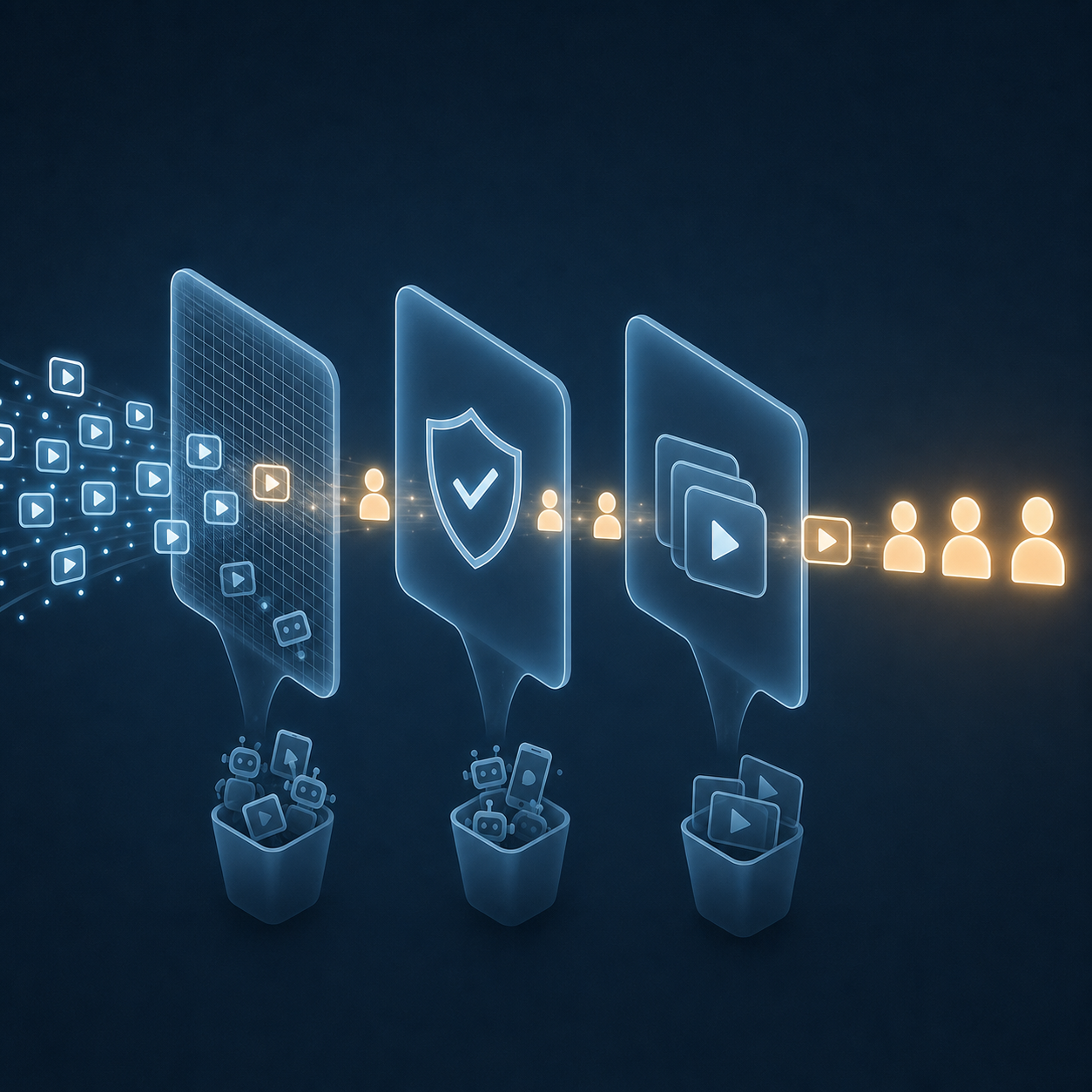 A clean, modern flat-design conceptual illustration of a multi-stage digital verification pipeline for video views. Show a stream of small glowing video-play symbols flowing left to right through a series of translucent filter gates or funnels, where cold blue faceless bot-device icons are caught and filtered out at each gate while warm, softly glowing authentic human silhouettes pass through to the end. Include abstract representations of layered quality checks: a filter mesh, a checkmark shield, and deduplication where three identical overlapping video frames merge into one. Muted brand palette of blues with soft warm accents, professional minimalist aesthetic, no text, no words, no letters, no numbers.
