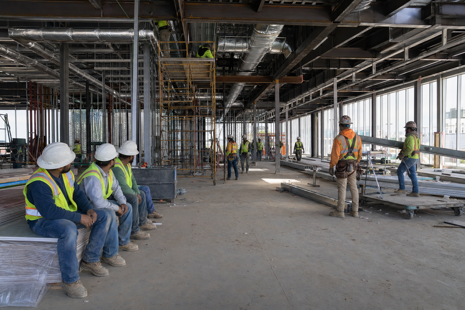 A construction site showing multiple trades working in a commercial building interior, with workers waiting idle in the foreground while others work in the background, illustrating project delays and coordination challenges. The scene shows steel beams, ductwork, and various construction activities at different stages. Realistic, professional construction photography style with natural lighting from windows.