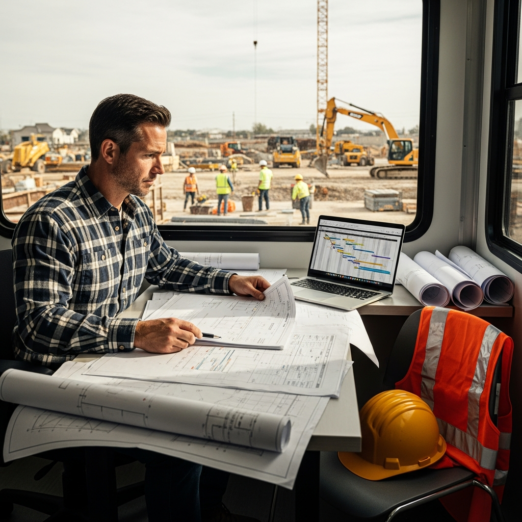 A construction project manager reviewing multiple tasks simultaneously at a job site office trailer desk. The scene shows blueprints spread across the desk, a laptop displaying construction schedules, a hard hat and safety vest on a nearby chair, and a window view of an active construction site with workers and equipment in the background. Professional atmosphere showing coordination and organization. Realistic photography style, natural lighting, warm tones conveying competence and control.