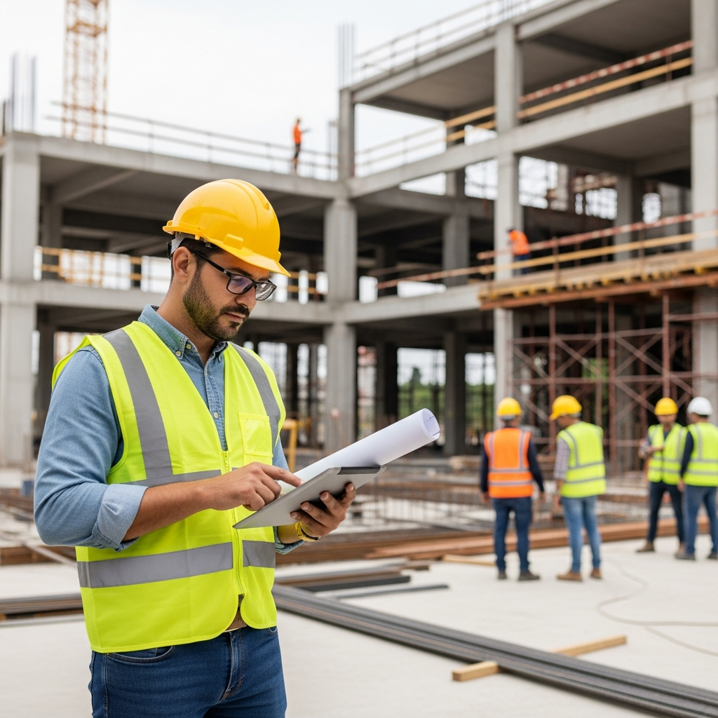 A construction project manager at a busy job site, reviewing blueprints on a tablet while coordinating with workers in the background. Modern commercial construction site with steel framework and concrete, safety vests and hard hats visible, professional atmosphere showing leadership and oversight. Realistic photography style, natural lighting, showing the dynamic environment of construction management.