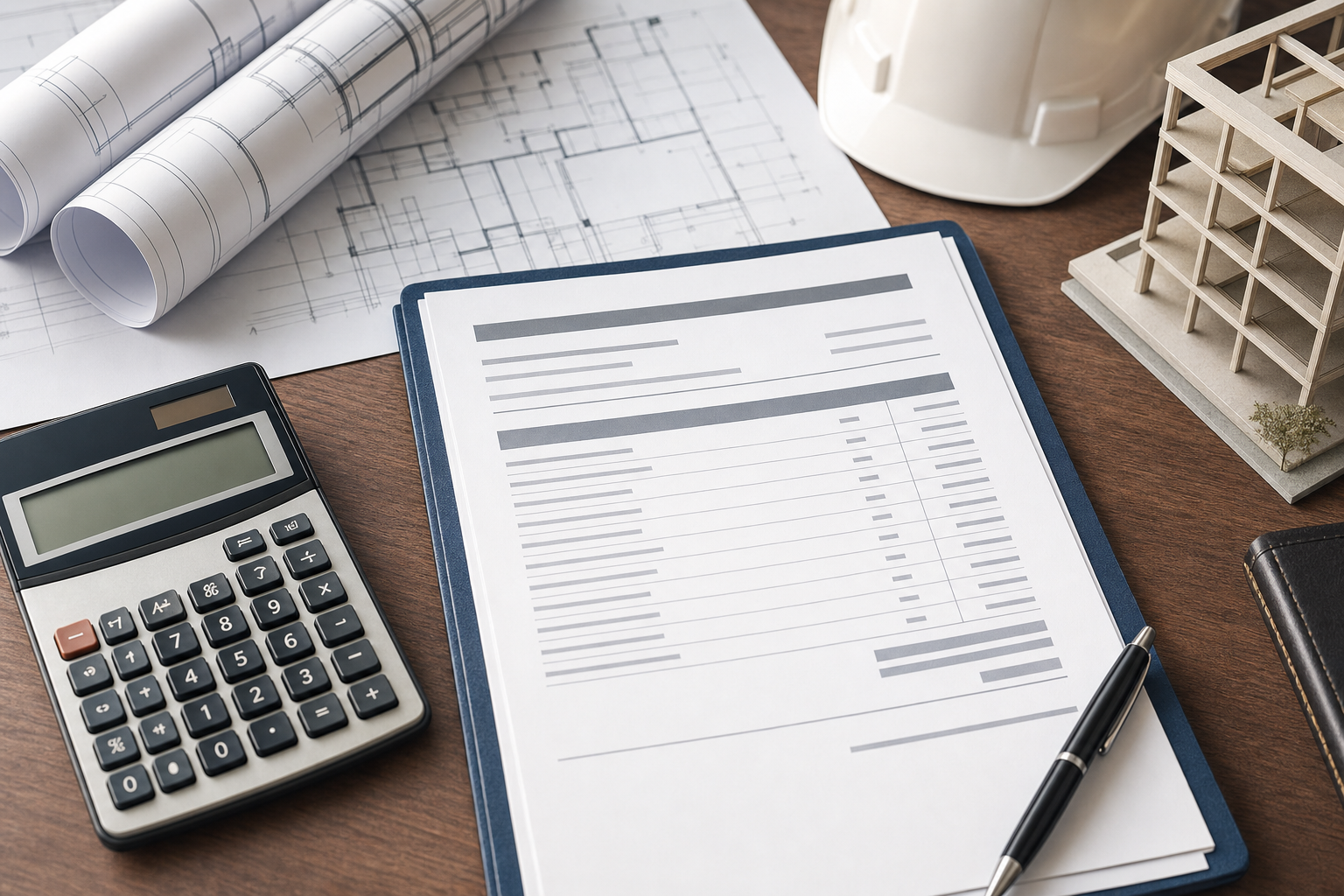 A clean, professional illustration of a construction contract document on a desk with a calculator and blueprints, showing fixed pricing concepts. The scene should include architectural drawings rolled partially open, a modern calculator, and contract papers with line items visible but no readable text. Warm office lighting, top-down perspective, photorealistic style with shallow depth of field.