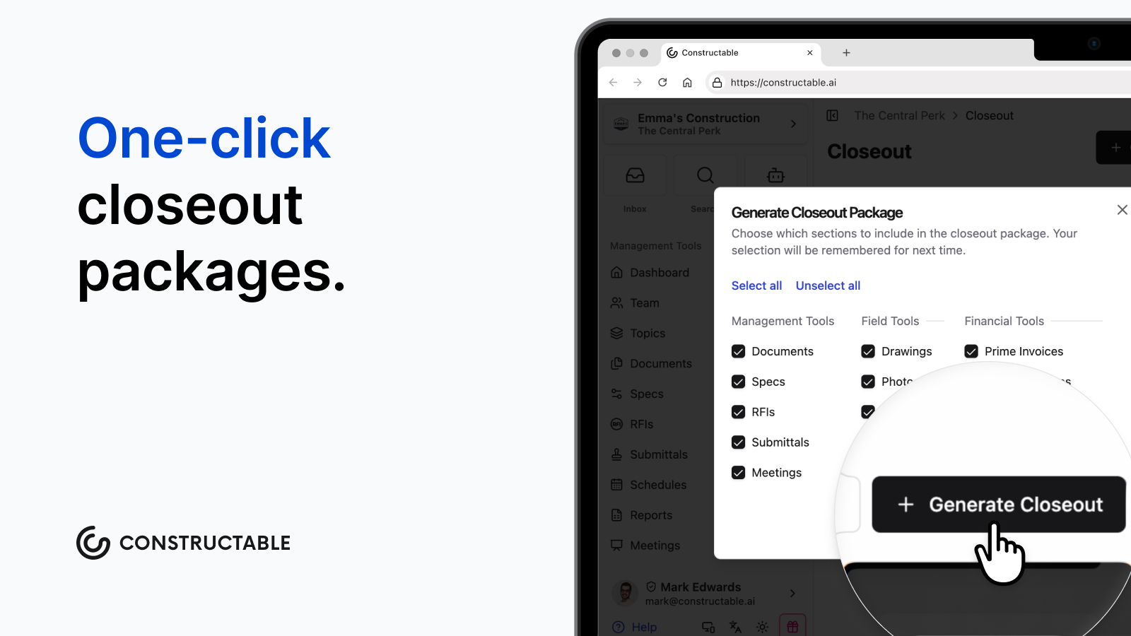The Constructable platform's Generate Closeout Package dialog box, showing checkboxes for selecting which project documentati