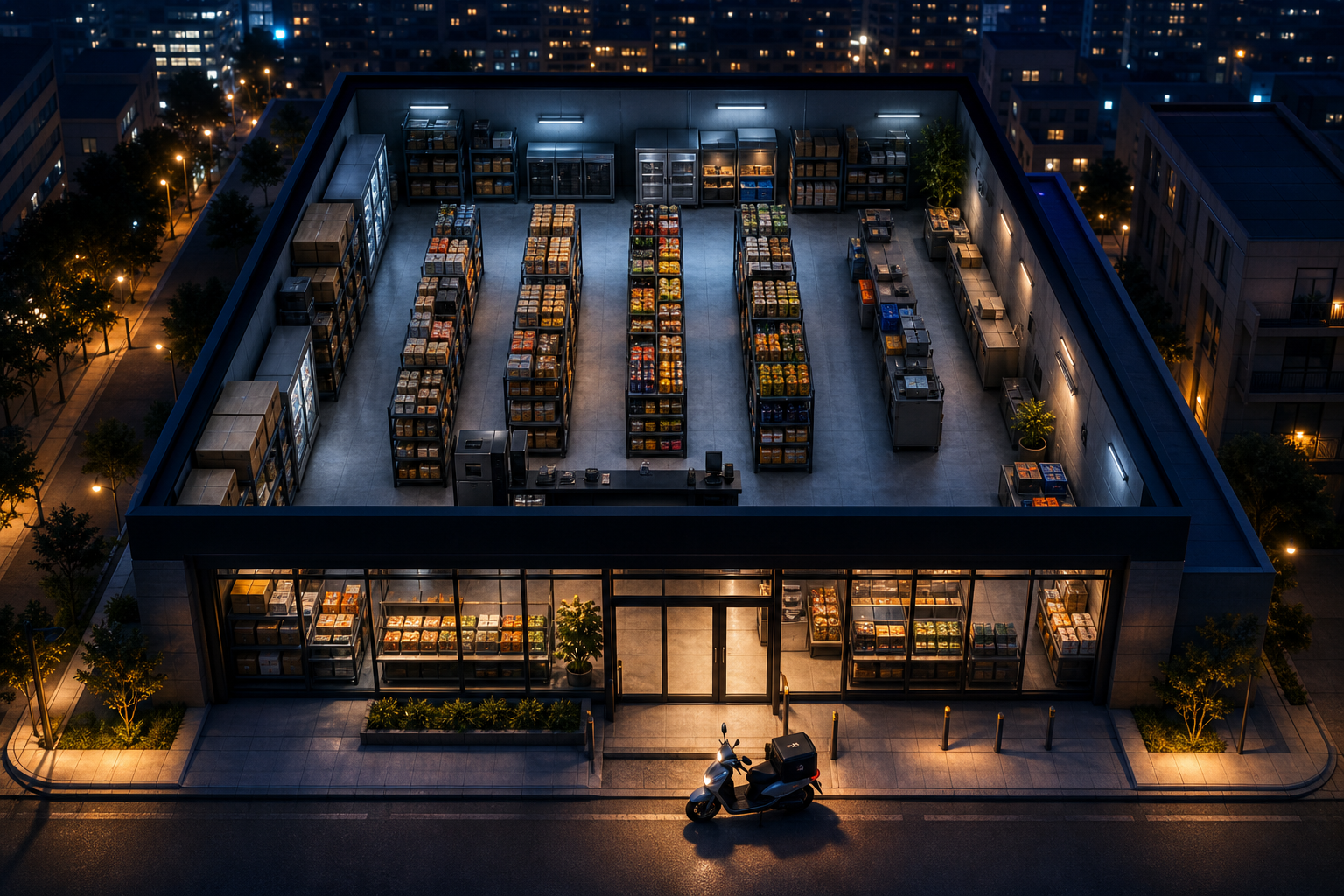 A bird's-eye view illustration of a modern urban dark store warehouse interior at night, with organized shelving rows stocked with grocery items and packaged goods, a delivery rider on a scooter waiting outside the illuminated storefront, city lights glowing in the background, cool blue and warm amber lighting contrast, clean minimalist style, no people visible inside the store
