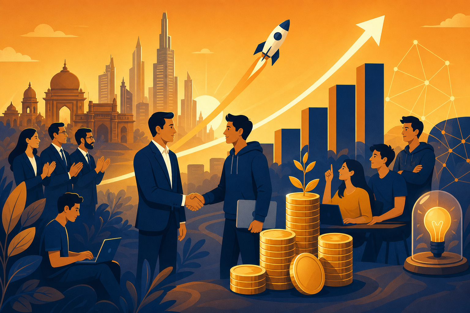 A stylized illustration of a startup funding journey in India, showing a upward growth trajectory with abstract representations of investors, venture capital, and startup ecosystems — featuring stacks of gold coins, upward arrows, handshakes between suited figures and young entrepreneurs, modern city skyline silhouette in the background, warm amber and deep navy color palette, flat design style, no text or labels