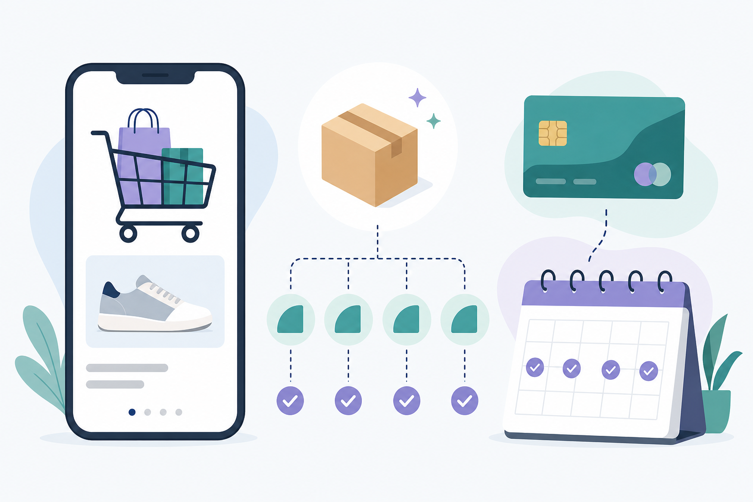 A clean flat-design illustration of an online shopping checkout flow showing a purchase being split into four equal payment segments, with a smartphone displaying a shopping cart, a debit card, and a calendar with payment due dates marked, soft modern colors, minimal style, no text or labels