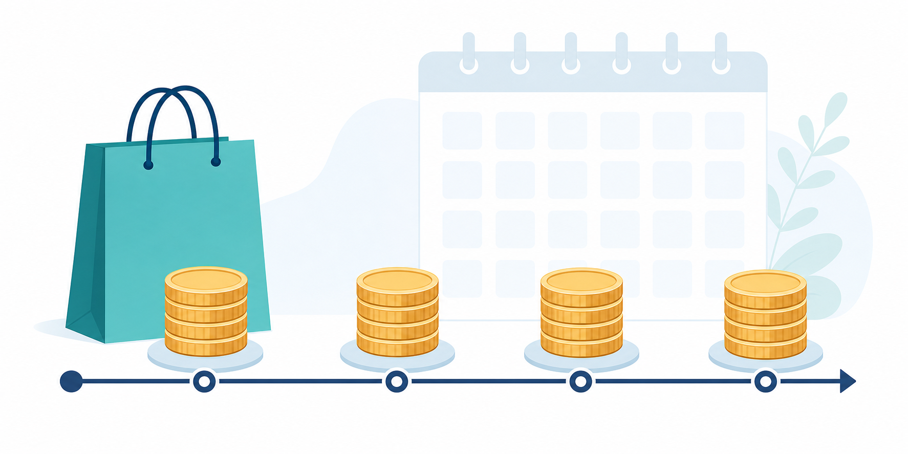 Teal shopping bag beside four coin stacks on a timeline, with a blank calendar behind them.