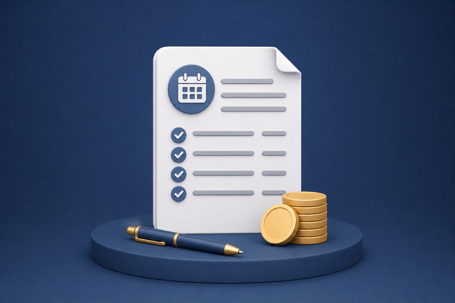Payment-plan checklist with a calendar, pen, and coins.