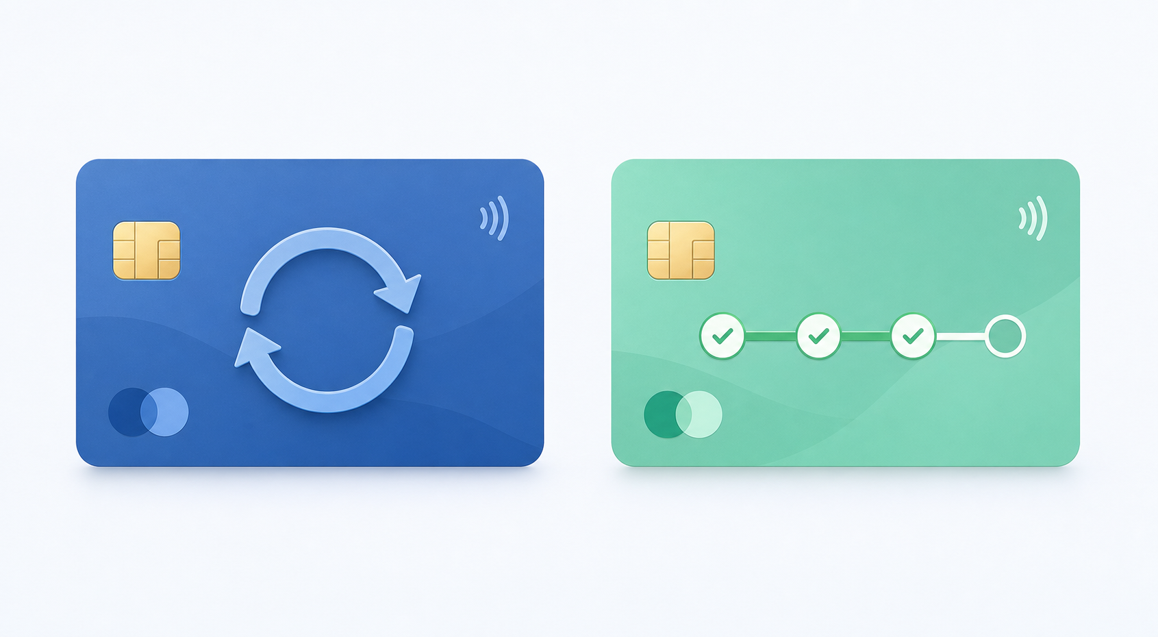 A clean flat illustration showing two payment cards side by side on a minimal light background, one representing a traditional credit card with a revolving circular arrow symbol indicating ongoing debt, and the other representing a modern digital BNPL card with a linear four-segment progress bar indicating fixed installment payments, soft blue and green tones, no text or labels, modern minimalist style