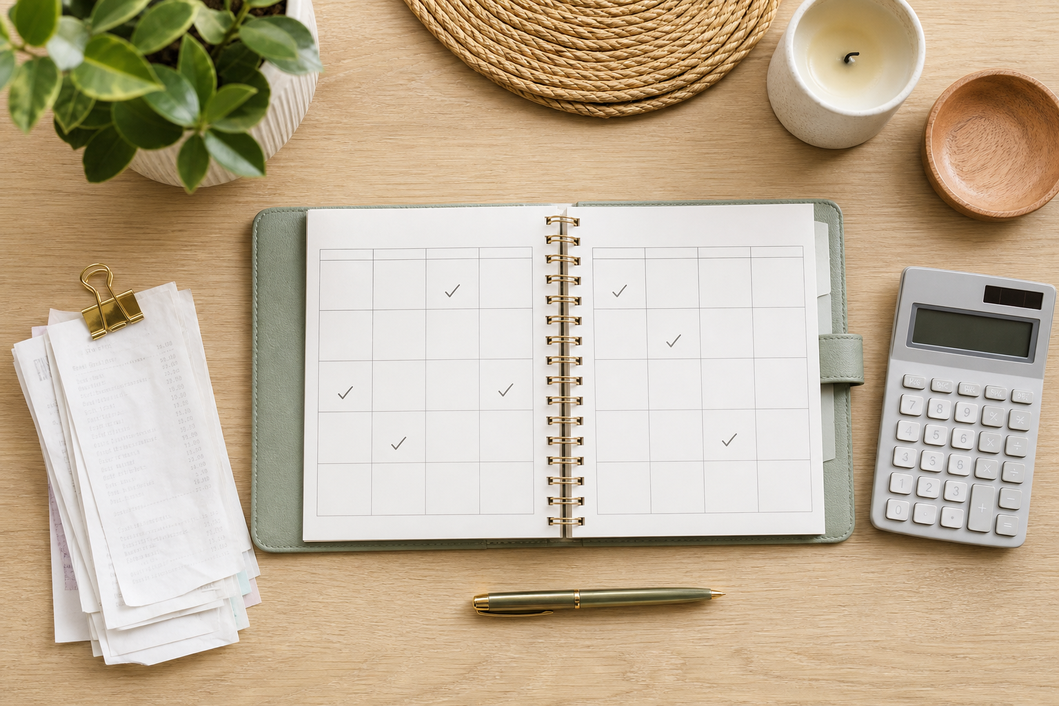 A flat lay top-down view of a neatly organized personal budget workspace on a light wooden desk, showing a monthly planner open to a calendar page with checkmarks on scheduled dates, a small stack of receipts, a pen, and a calculator, soft natural lighting, clean and minimal lifestyle photography style, no text or labels visible