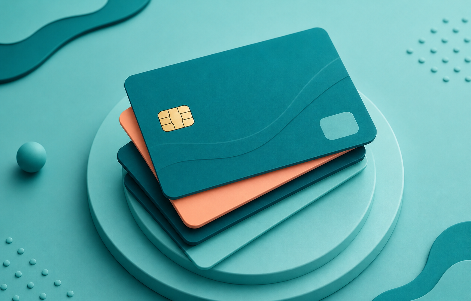 Stack of teal and coral payment cards on a round pedestal.