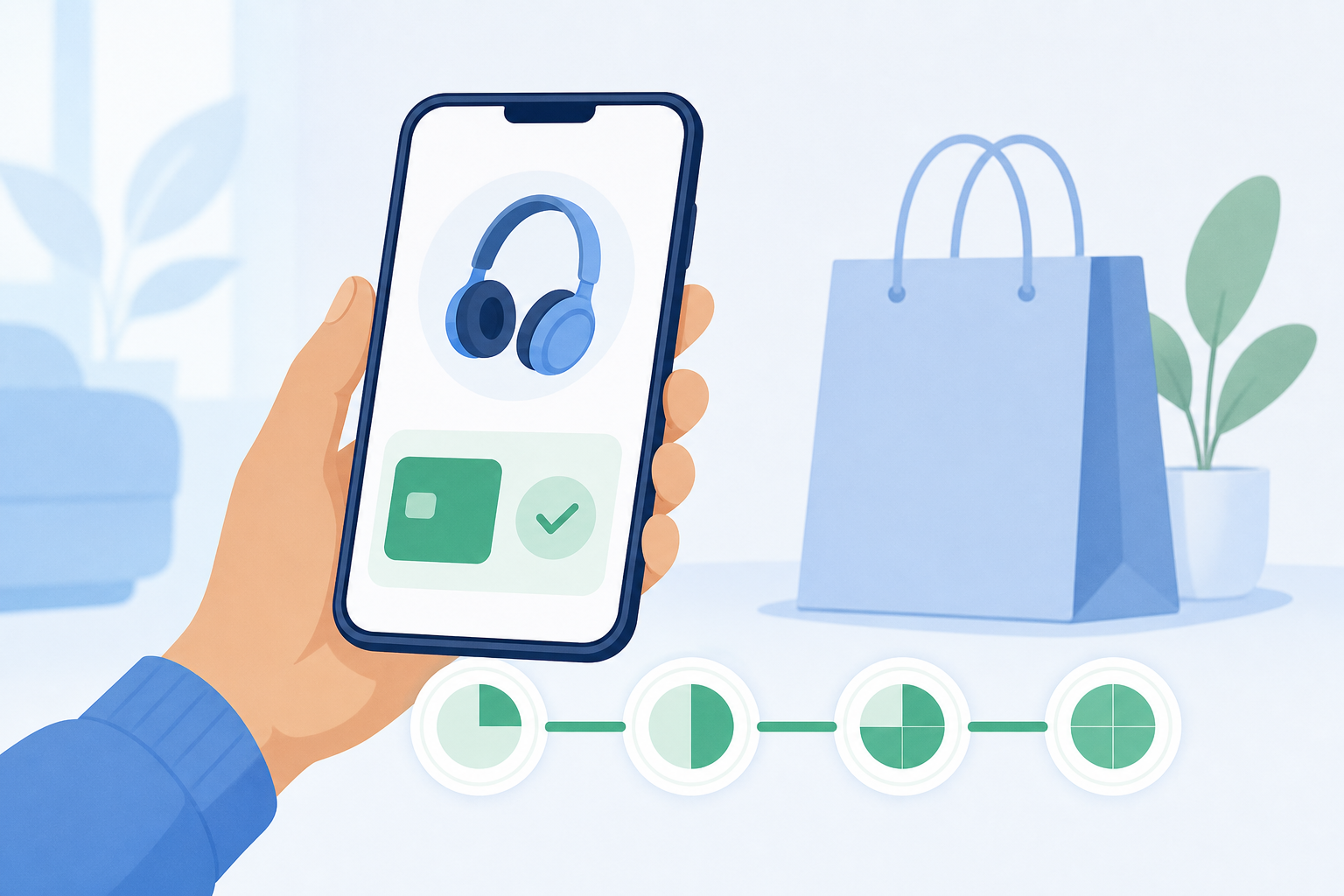 A clean, modern flat illustration showing a person holding a smartphone at a digital checkout screen, with a visual representation of a purchase being split into four equal payment segments shown as a progress timeline below the screen, using soft blues and greens on a light background, no text or labels