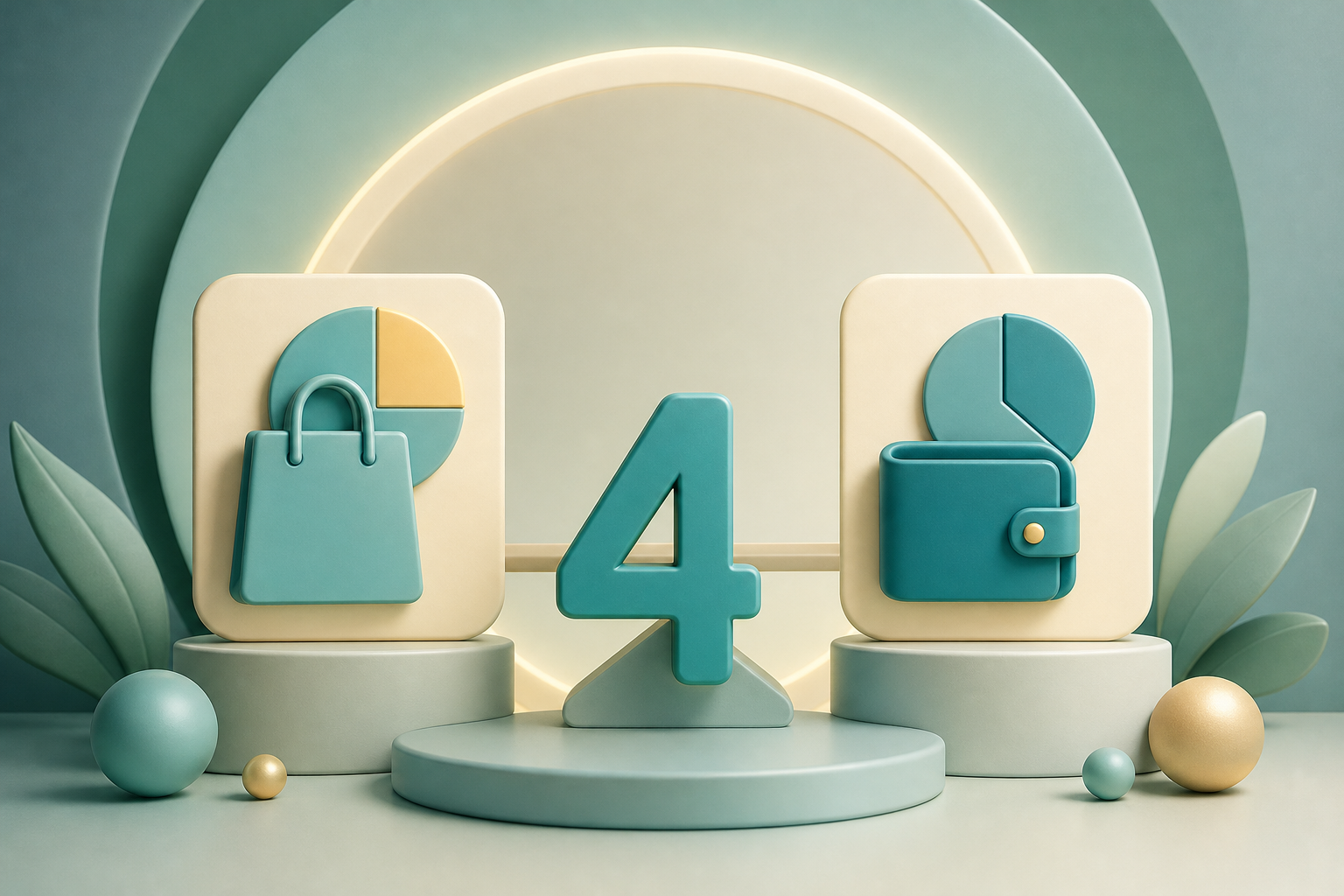 Shopping bag and wallet icons surrounding the number four.