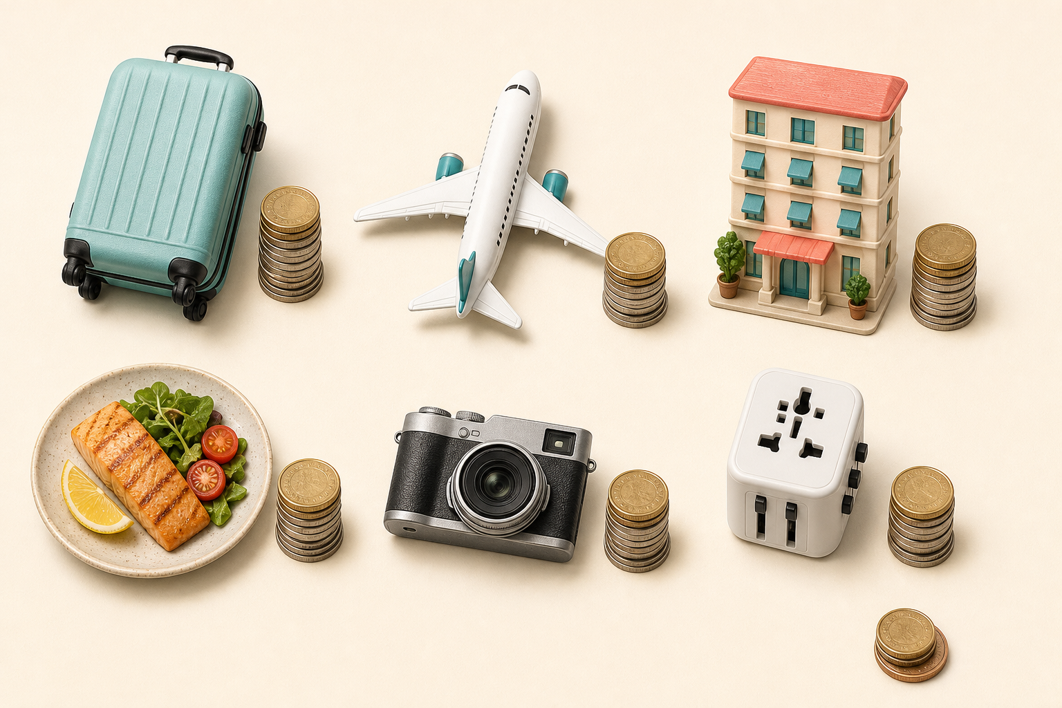 Suitcase, airplane, hotel, plate of food, camera, and travel adapter, each beside a coin stack, plus a separate small stack.