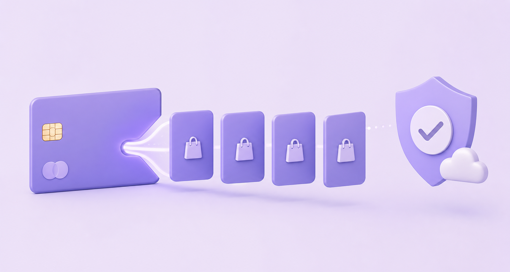 Lavender card, four shopping-bag tiles, and a shield with a checkmark.