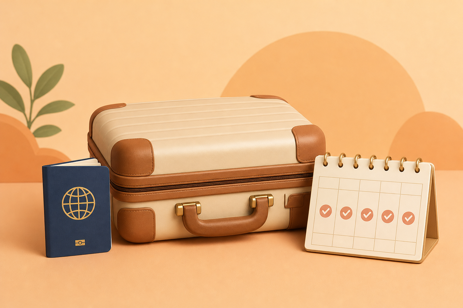 Cream suitcase, navy passport, and a calendar with checkmarks.