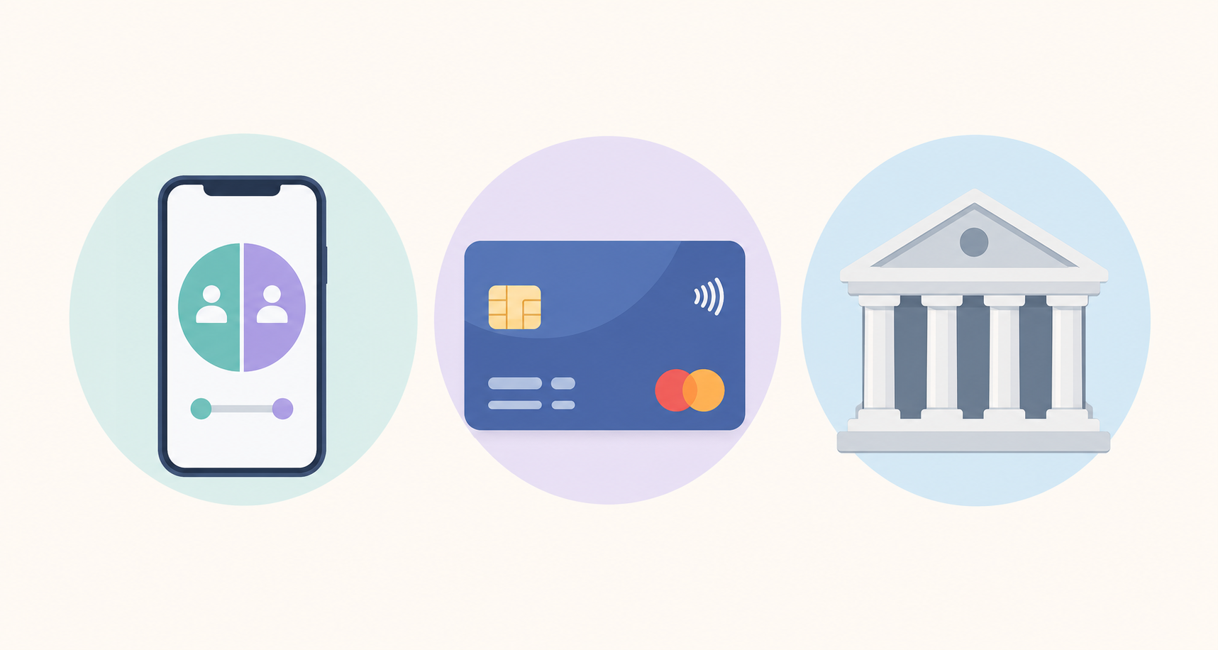 A flat-design illustration comparing different payment methods side by side — a smartphone with a split payment icon, a credit card, and a bank building — arranged in a clean row with soft pastel colors, modern minimal style, no text or labels